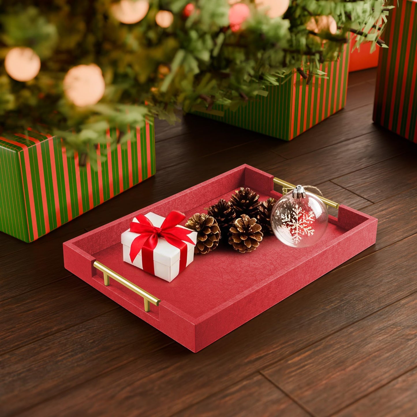 ATZYmolin 17"" x 12"" Wood Serving Tray with Gold Polished Metal Handles, Home Decorative Wooden Rectangle Ottoman Leather Decor Platter Bathroom Vanity Tray for All Occasions Red