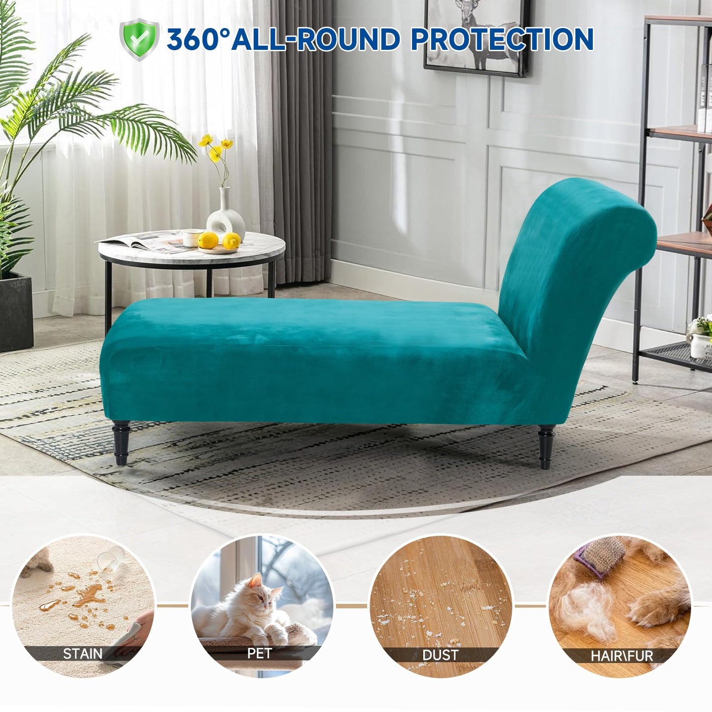 Velvet Chaise Lounge Cover Indoor Armless Chaise Slipcover Luxury High Stretch Ultra Soft Lounge Chair Covers Modern Machine Washable Chair Cover for Living Room Bedroom Furniture, Peacock Blue