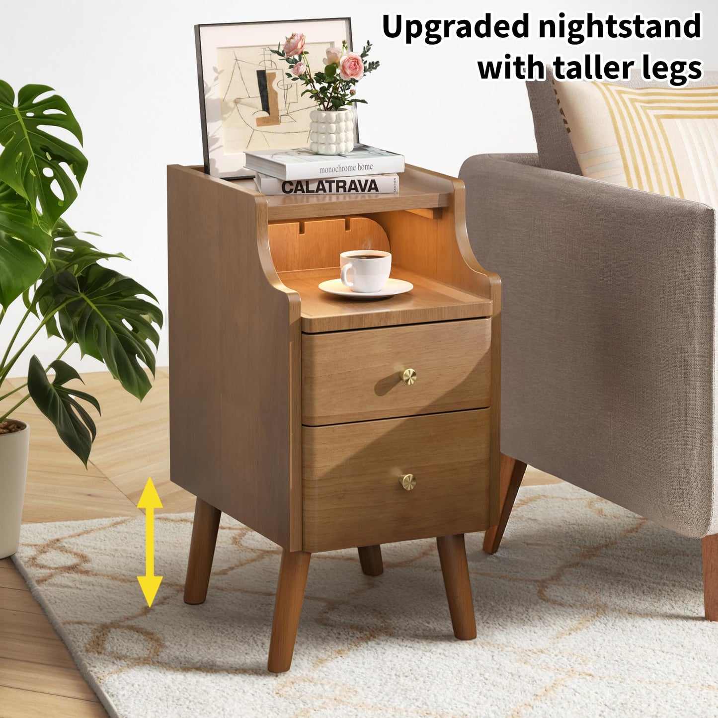 Narrow Nightstand Set of 2, Solid Wood Night Stand with 2 Drawers, Walnut Mid Century Modern Nightstand, Small Bedside Table with Open Storage Shelf for Bedroom (10 Inch)
