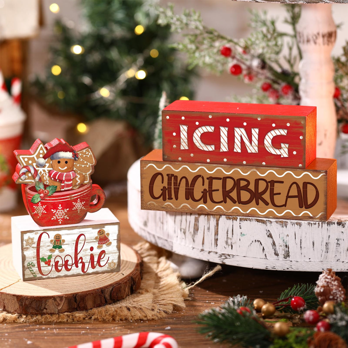 Moucuny 4 Pcs Christmas Gingerbread Man Table Sign Christmas Cup Wooden Decorative Signage Xmas tiered Tray Decor Winter Centerpieces Farmhouse Wooden Block Set Xmas Table Sign for Home