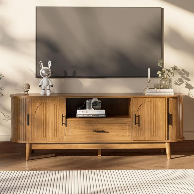 Mxtxmy 63" Fluted TV Stand for Tvs up to 70", Mid-Century Modern Entertainment