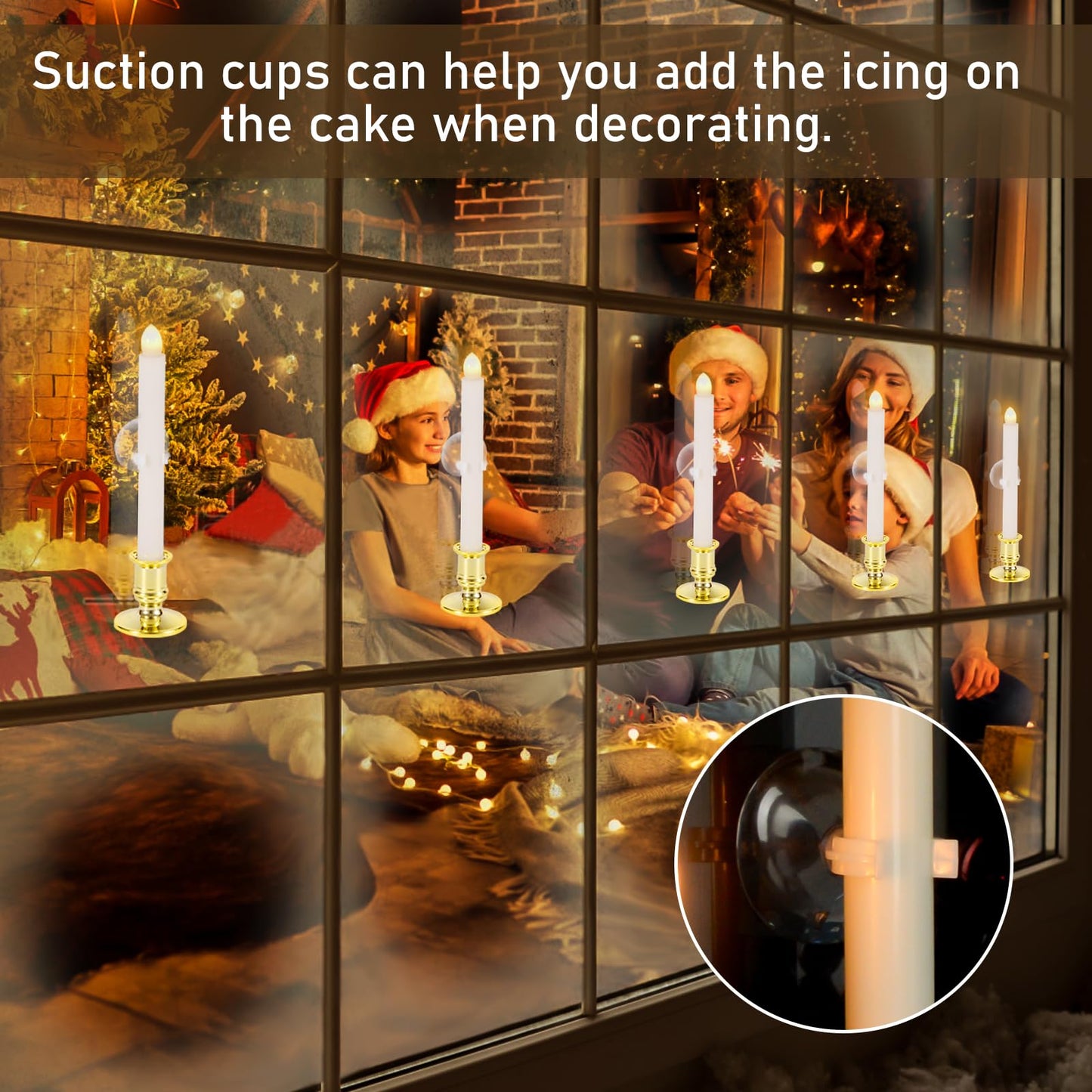 Qmioti 8 Pack Christmas Window Candles, Battery Operated Window Candles with Timer Remote, LED Window Candle with Candle Holders Suction Cupsfor Christmas Decorations, Gold