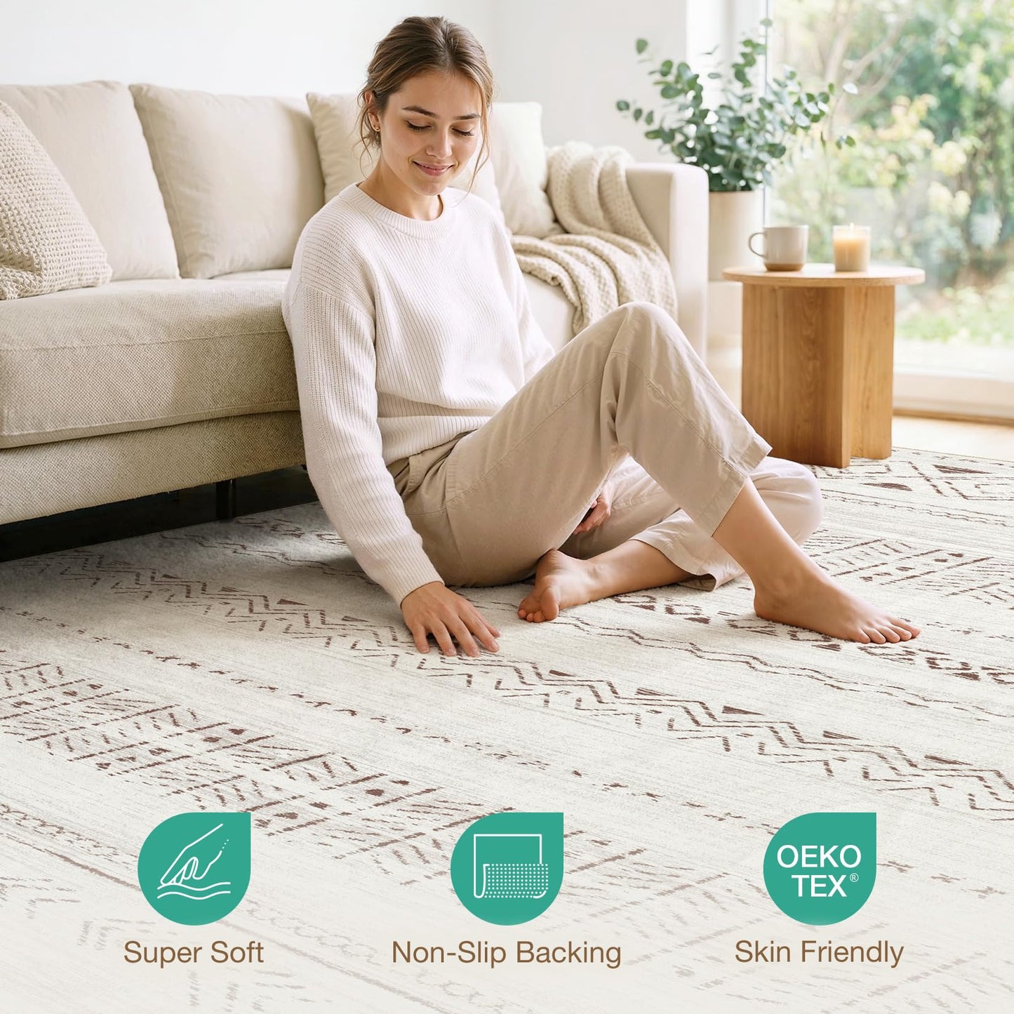 cotiled 5x7 Area Rugs Living Room Rug: Washable Boho Rugs with Non Slip Backing Large Soft Indoor Stain Resistant Carpet for Bedroom Farmhouse Dining Room Lightweight Home Decor L Brown/Cream