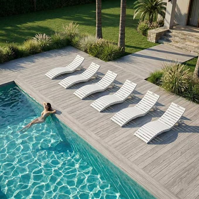 Folding HDPE Pool Lounge Chairs Set of 6, Pre-Assembled Outdoor Chaise Lounge