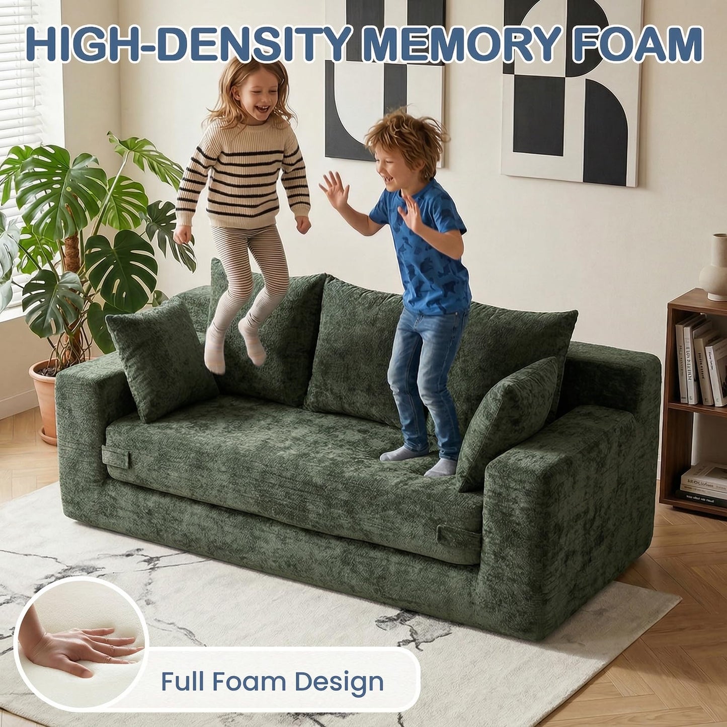 Winzoo Boneless Couches 70", 3 Seater Boneless Couch with Pull Out Sofa Bed, Boneless Couch Bed with 5 Pillows Green, Plush Velvet Sofa for Living Room & Bedroom
