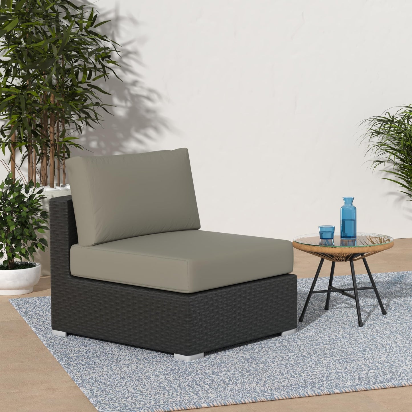 Modway EEI-1854-CHC-BEI Sojourn Wicker Rattan Outdoor Patio Coffee Table, Armless Chair, Canvas Antique Beige