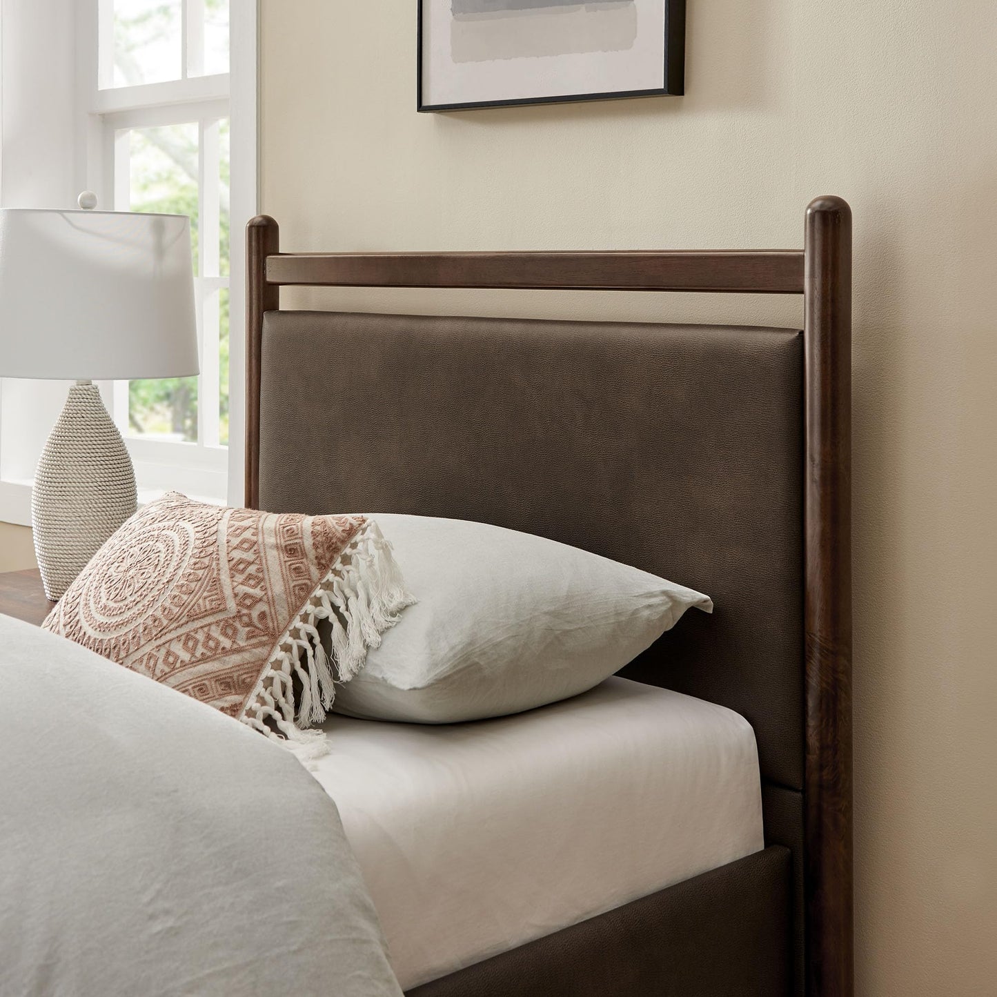 Modway Ginny Twin Platform Bed Frame in Wenge Mushroom - Solid Wood Bed with Padded Faux Leather Headboard and Footboard, Wood Slats, No Box Spring Needed