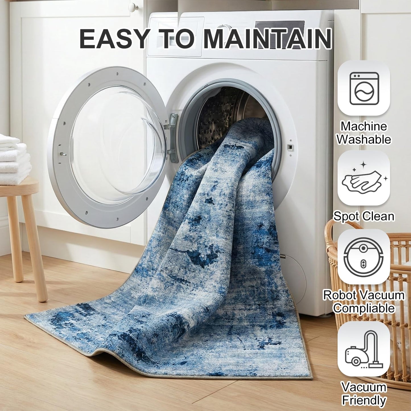 Cnythlis Washable Area Rugs, 0.26 Inch Low Pile Non Slip Abstract Rugs for Bedroom Study Room - Foldable Indoor Carpet, Pet Friendly Surface, Stain-Resistant & Water-Resistant, 5'x7', Blue