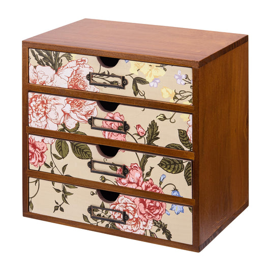 4-Drawer Vintage Desk Organizer with Jacobean Pattern Pastel Flowers Curio Drawer Dresser, Closet, Tabletop - Embroidery Reel Shelf Wood Desktop Organizing Cabinet - Victorian Floral Design