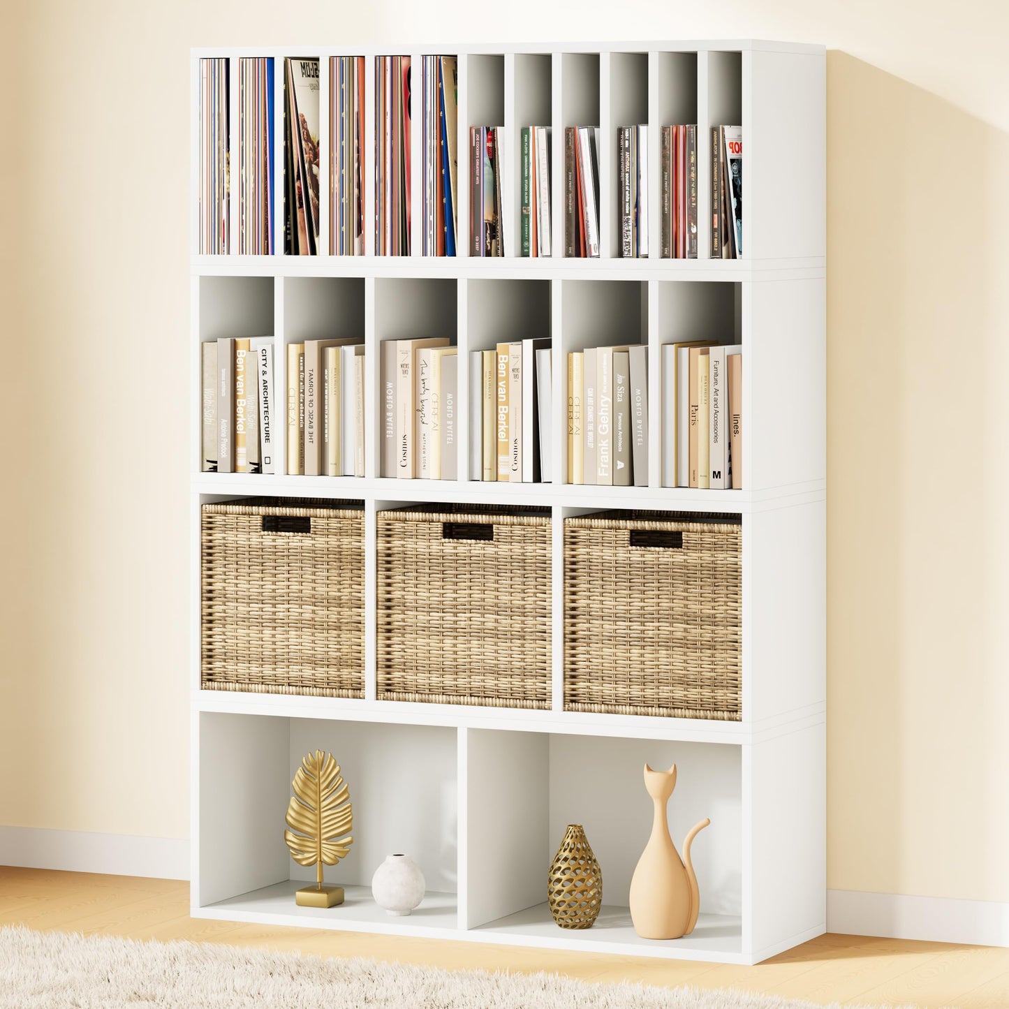 IOTXY DIY Modular Cube Bookcase - CubeXY Customizable Stackable Expandable Combination Set, 23-Cube Open Bookshelf for Books, Fabric Storage Bin, and 7/10-inch Vinyl Record Organizer, White