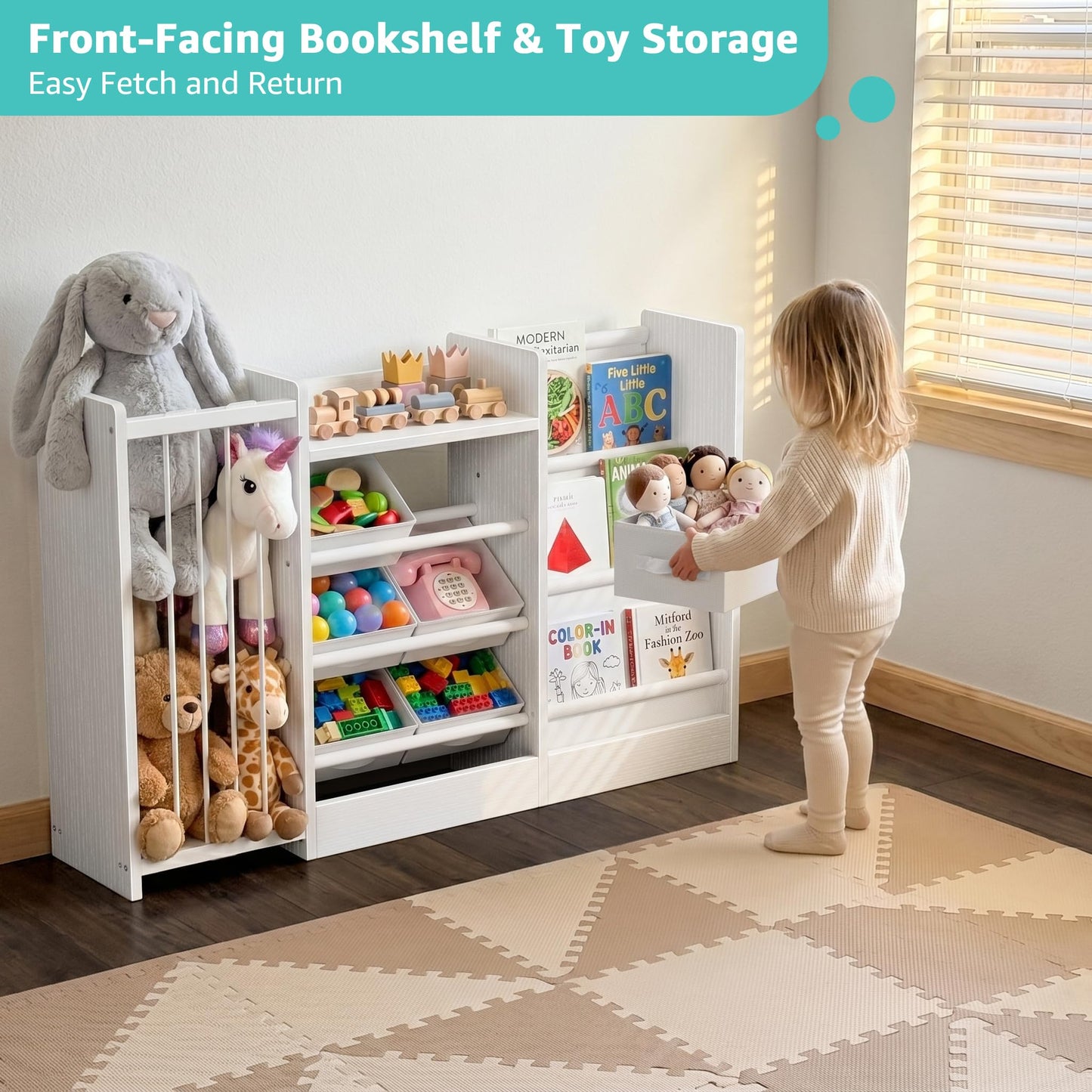 BOLUO Kids Toy Storage Organizer with Bookshelf, 3-in-1 Kid Book and Toy Storage Holder Shelves for Baby Toddler Playroom Living Room White