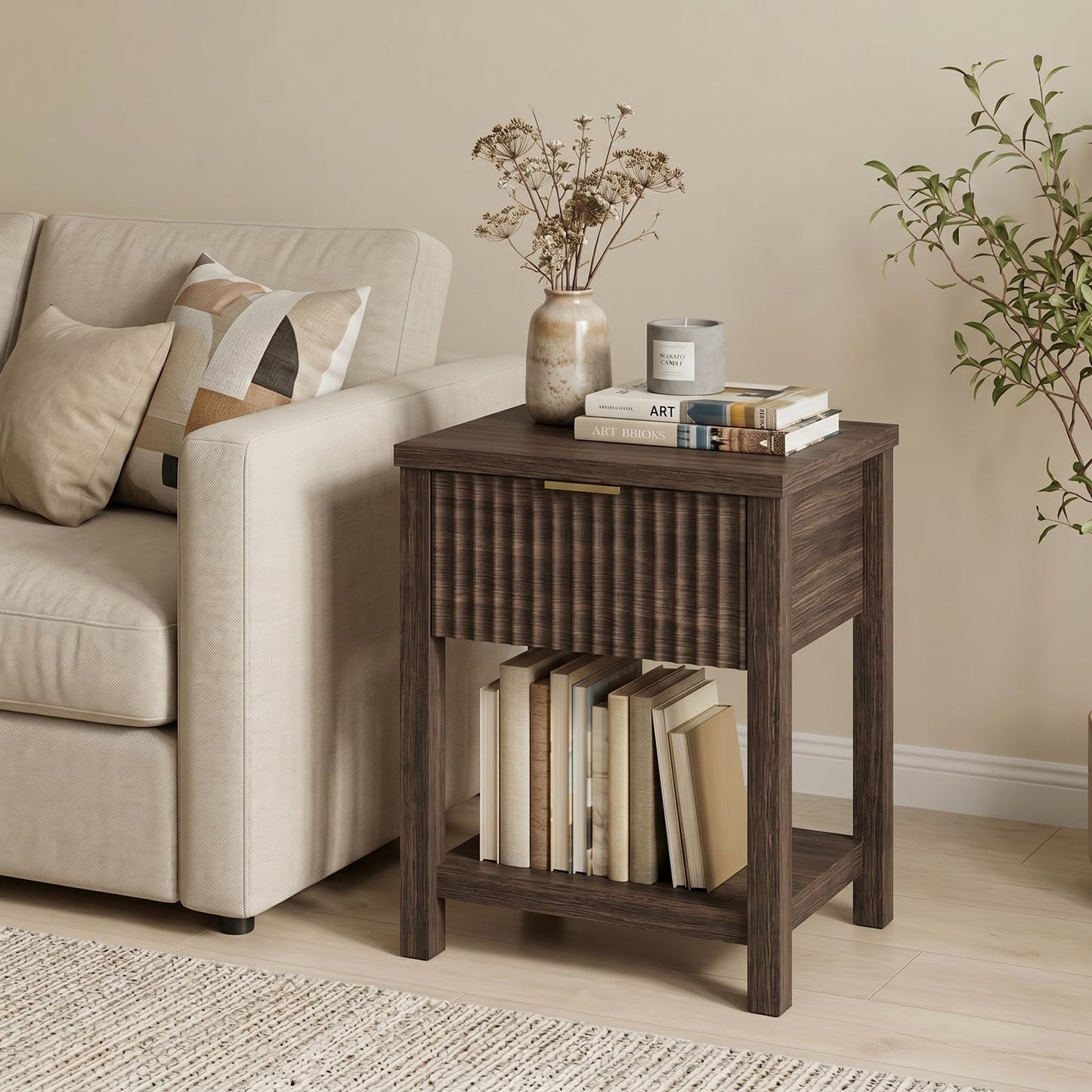 TROJM Fluted Night Stand with Golden Handle,Mid-Century Nightstands with Drawer,Modern Bedside Table with Storage Shelf,Large End Tables for Livingroom,Bed Side Tables for Bedroom,Walnut