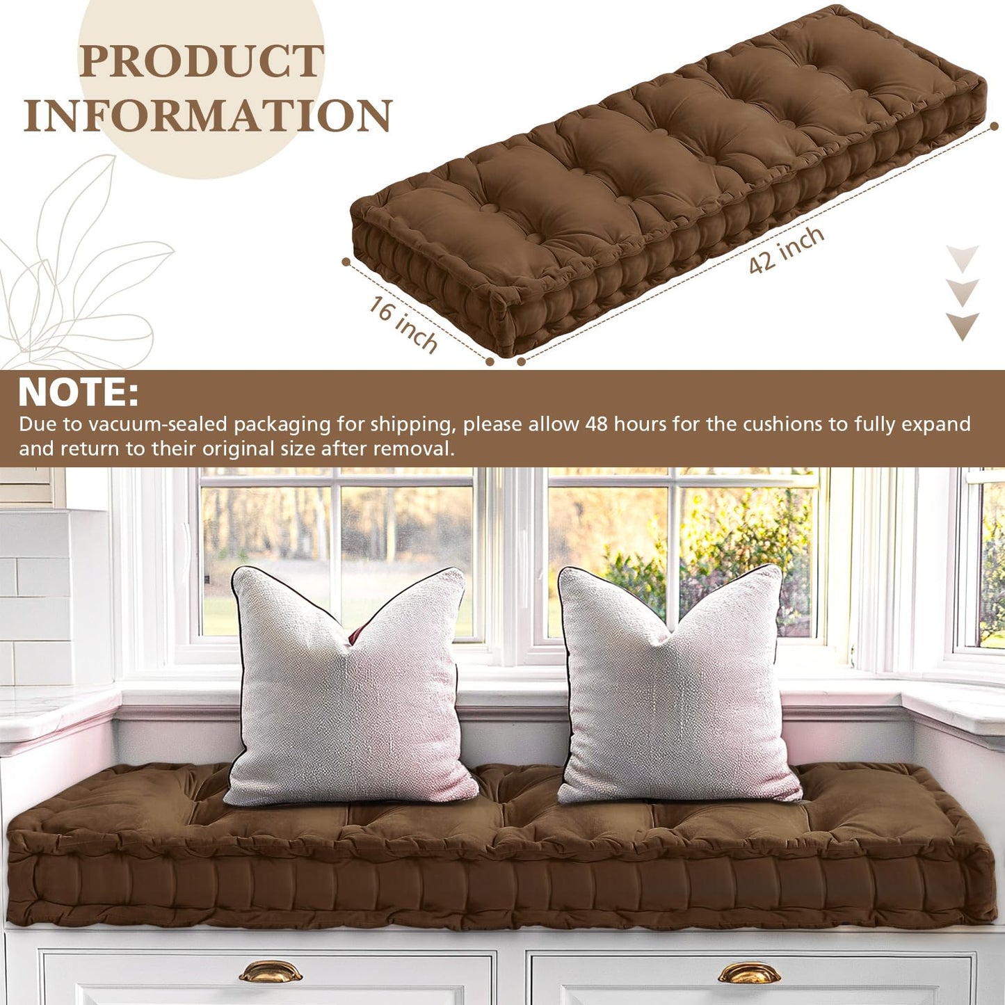 Threehoney Bench Cushions for Indoor Furniture 42x16 in Velvet Kitchen Dining Piano Window Seat Cushion, Tufted Patio Porch Swing Thicken Bench Pad Memory Foam(Brown)