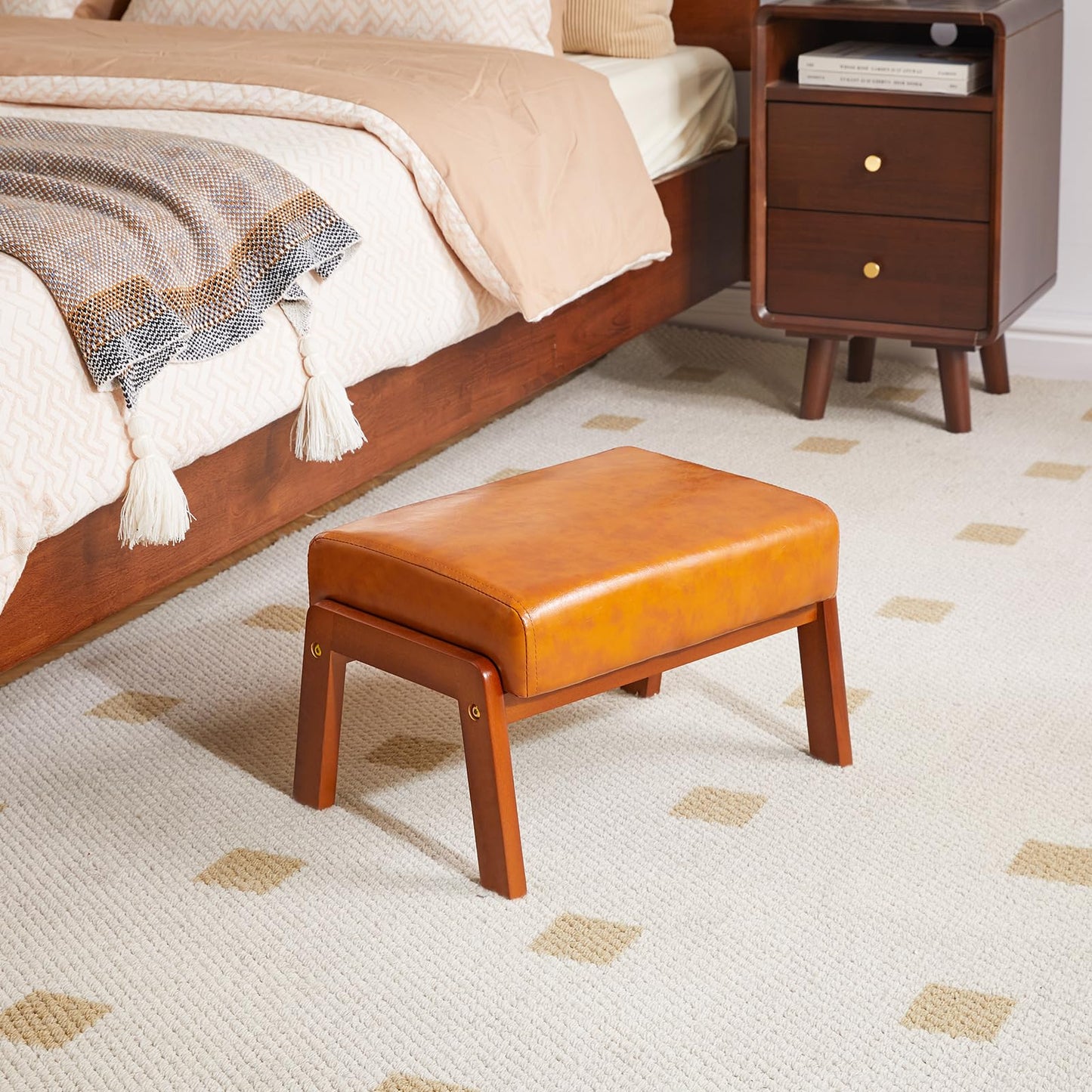 IBUYKE 10.2” H Small Foot Stool Ottoman, Rectangle PU Faux Leather Foot Rest with Padded Seat and Wood Legs, Modern Ottoman Foot Rest for Living Room Bedroom Couch Office, Yellowish-Brown WBD013J