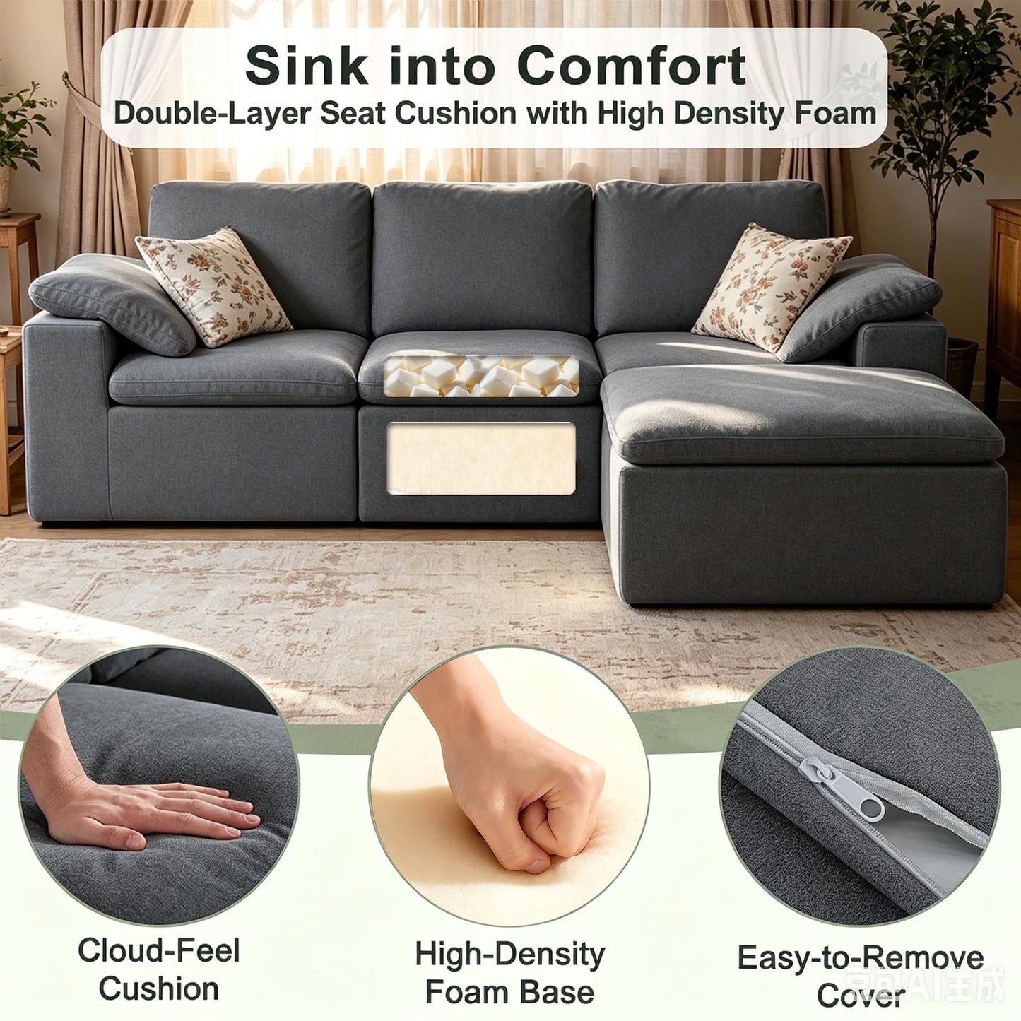 Nigoone 108" Sectional Couches for Living Room, Adjustable Sofa Backrest, Modular Cloud Sofa with Ottoman, Convertible L Shaped Boneless Couch, 4 Seater, Dark Grey Chenille, No Assembly
