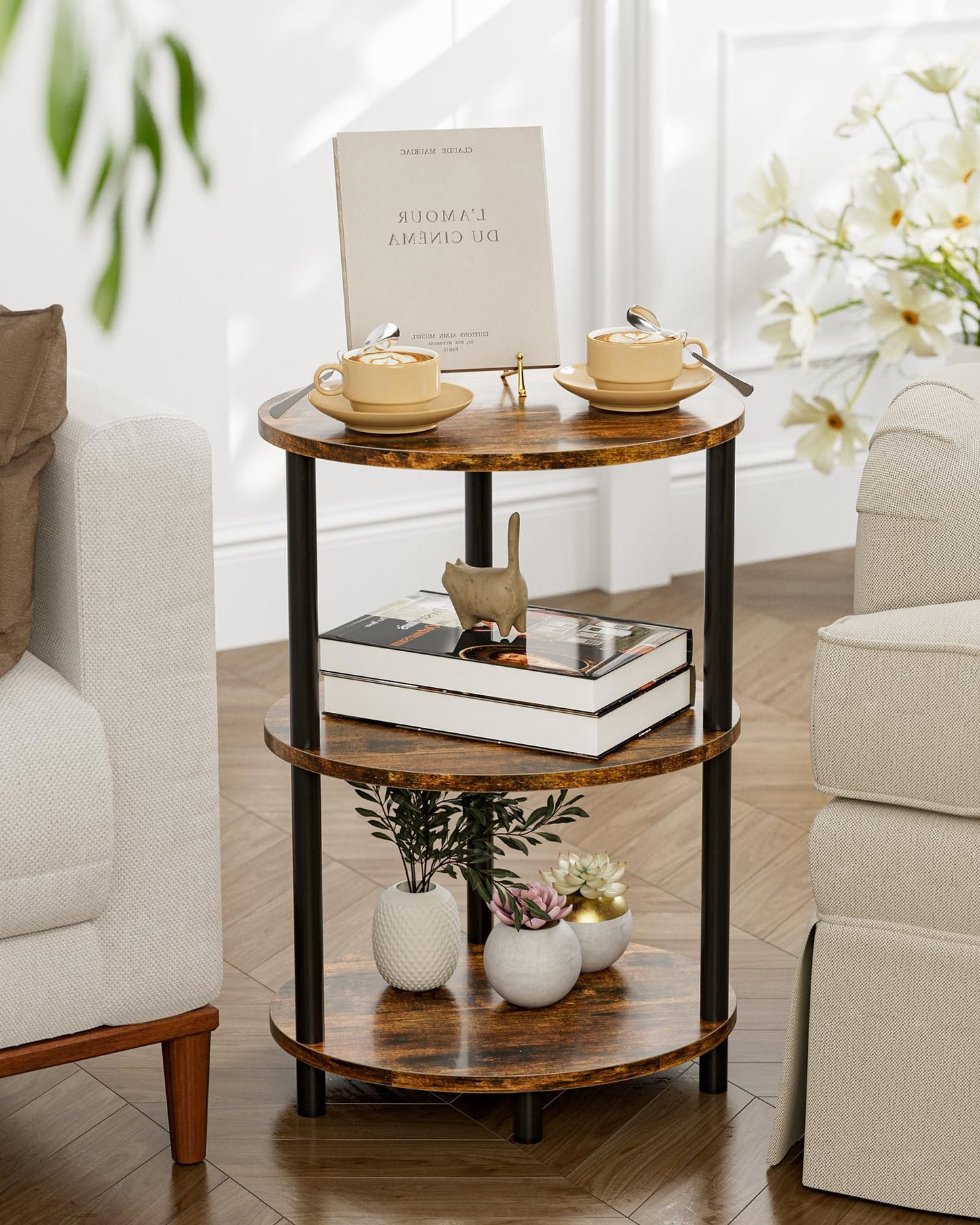 RISWER Round Small Side Table - 3 Tier Oval Accent Table for Small Spaces, Rustic Wood and Metal Couch End Table, Nightstand for Bedroom or End Table Living Room, Easy to Assemble, Rustic Brown
