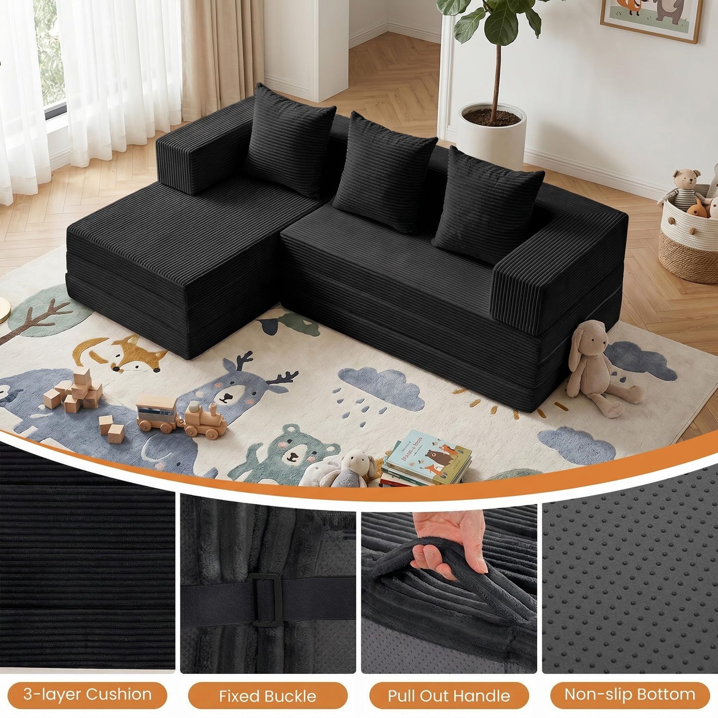 65" Boneless Couch,Convertible Sleeper Sofa Bed, Mini Modular Sectional Sofa, Modern Tri-Folding Cloud Couch with L-Shape Chaise, Corduroy Futon Couches for Small Spaces Apartment,No Assembly,Black