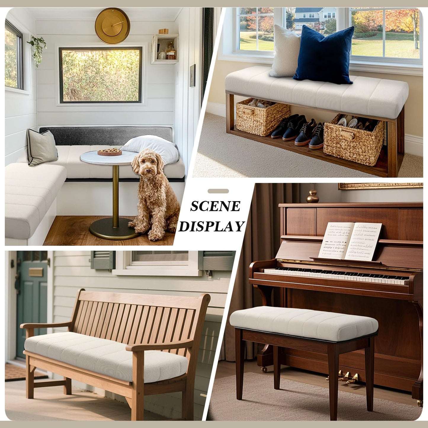 Wenqik Bench Cushion 40x20x4 Inch for Indoor Outdoor Furniture Tufted Thicken Bay Window Seat Cushion Non Slip Waterproof Dining Piano Bench Pad Pillow Anti Cat Scratch for Patio Porch Swing, Beige