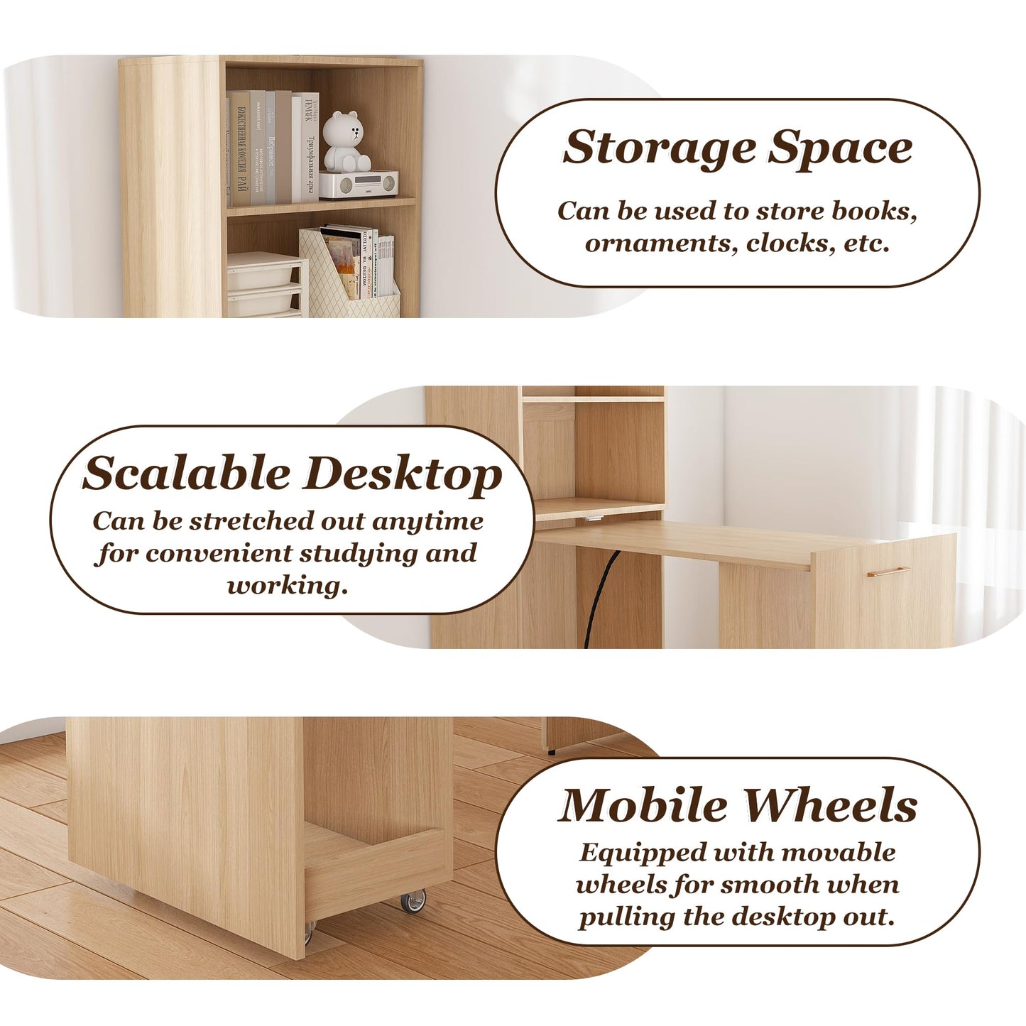 Stretchable Desk, Office Desk with Storage Shelves and Mobile Wheels, Foldable Desk Suitable for Small Apartments and Offices, White (Natural Wood)