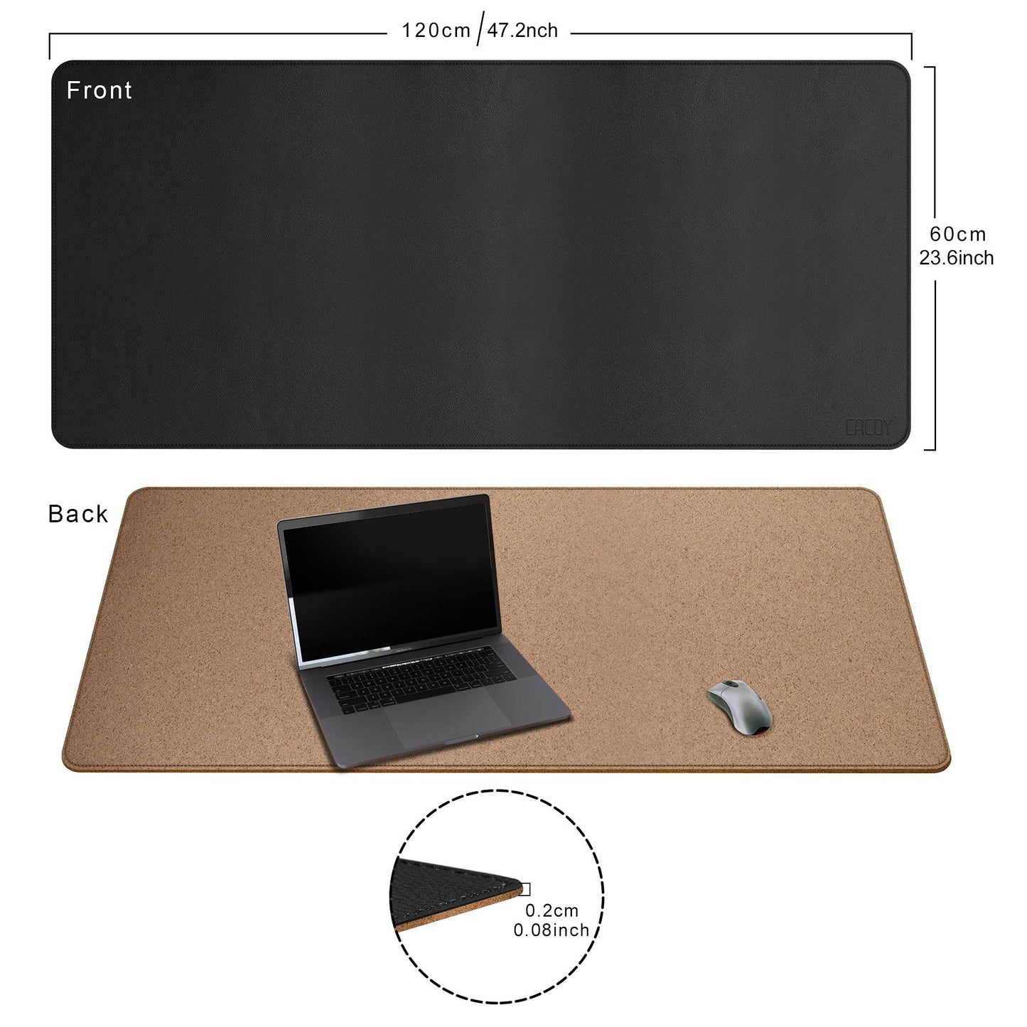 Cacoy Large Desk Mat, 48" x 24" Leather Desk Pad Protector with Cork & PU Leather, Double-Sided Office Desk Cover Mat, Large Computer Mouse Pad, Waterproof Desk Blotter Pad for Office and Home, Black