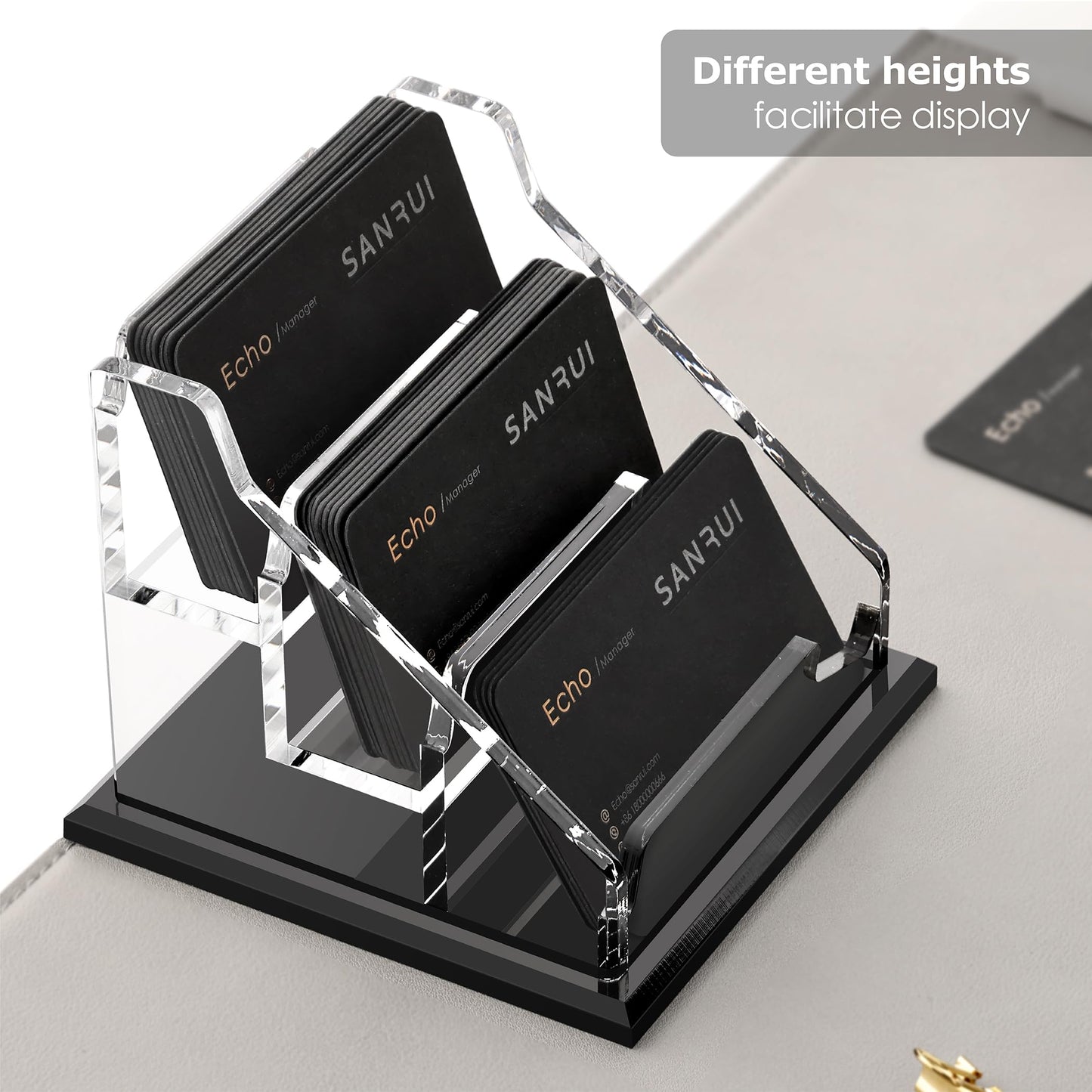 SANRUI Clear Acrylic Business Card Holder, 3-Slot Desktop Business Card Display Stand with Stable Widened Black Base, Desk Accessories Workspace Organizer for Office Reception Trade Show