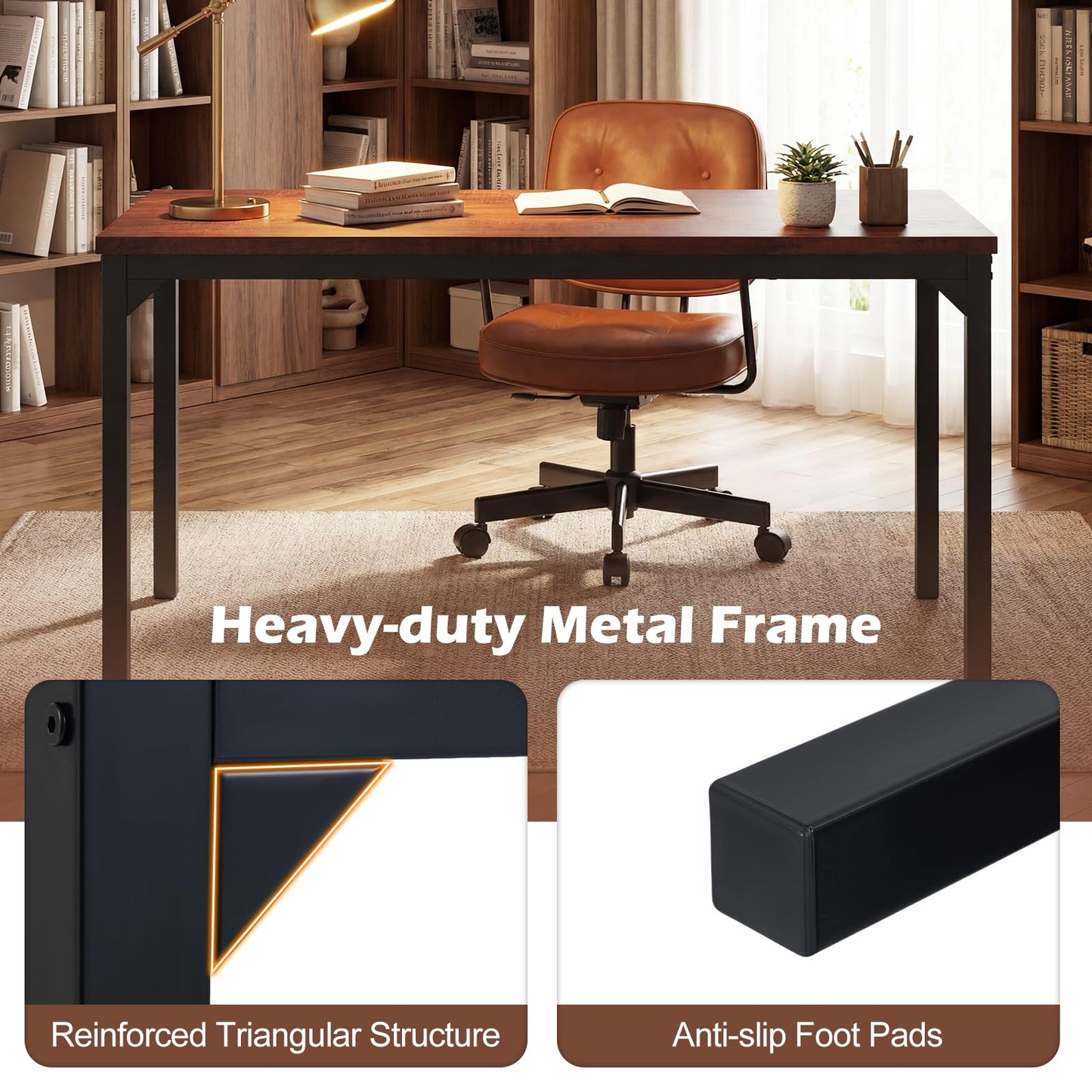 Giantex Conference Table, 55" L x 24" W Large Meeting Table, Rectangular Computer Desk with Strong Metal Frame for 4-6 People, Modern Seminar Table for Office Conference, Brown (1)