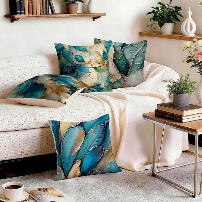 OBSEDE Teal and Gold Leaf Decorative Throw Pillow Covers 18x18 Set of 4