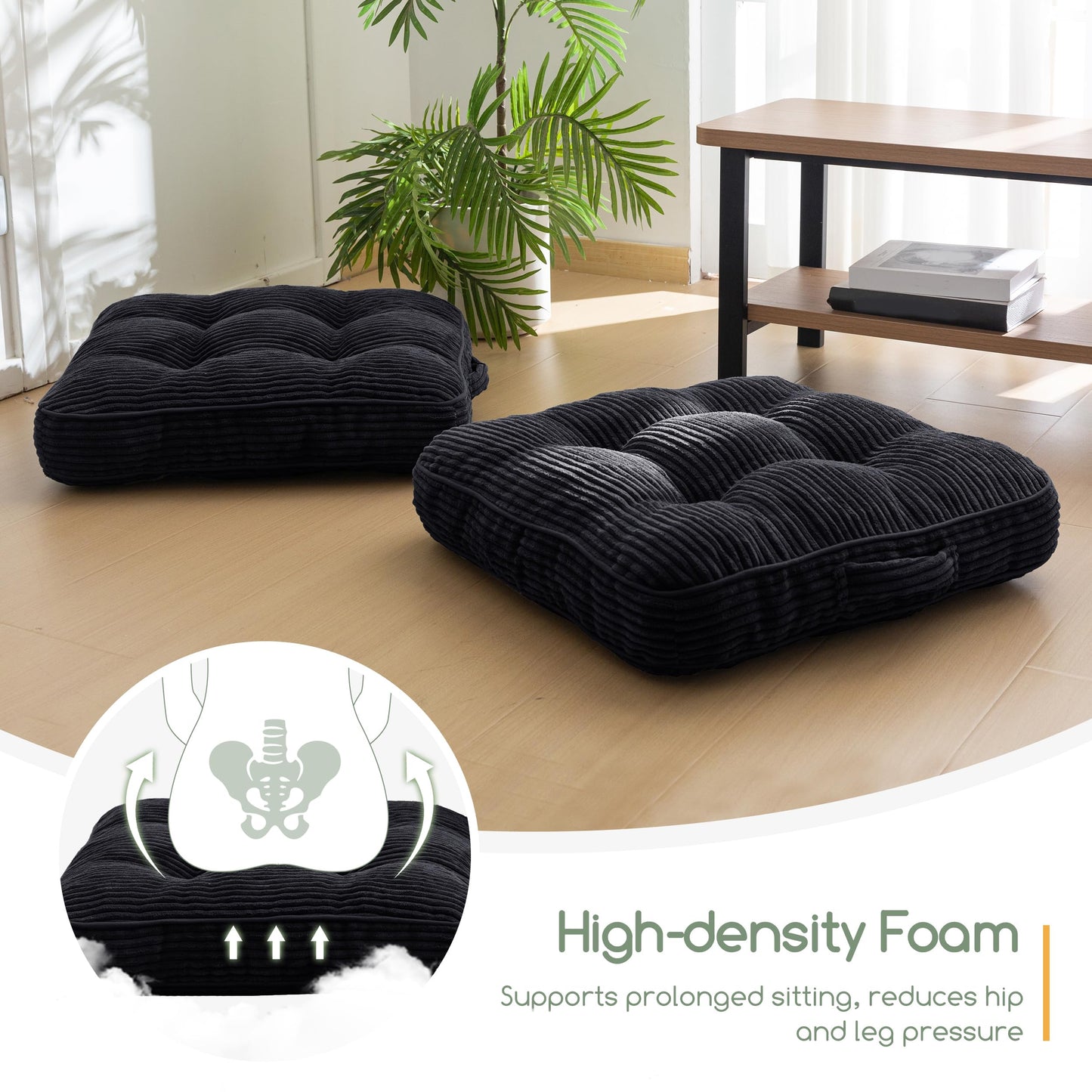 HIGOGOGO Floor Pillow Cushion for Adults, Meditation Cushion Pillow, Large Square Floor Sitting, Tufted Corduroy Cover, for Tatami Living Room or Yoga, 22x22 Inch, Black