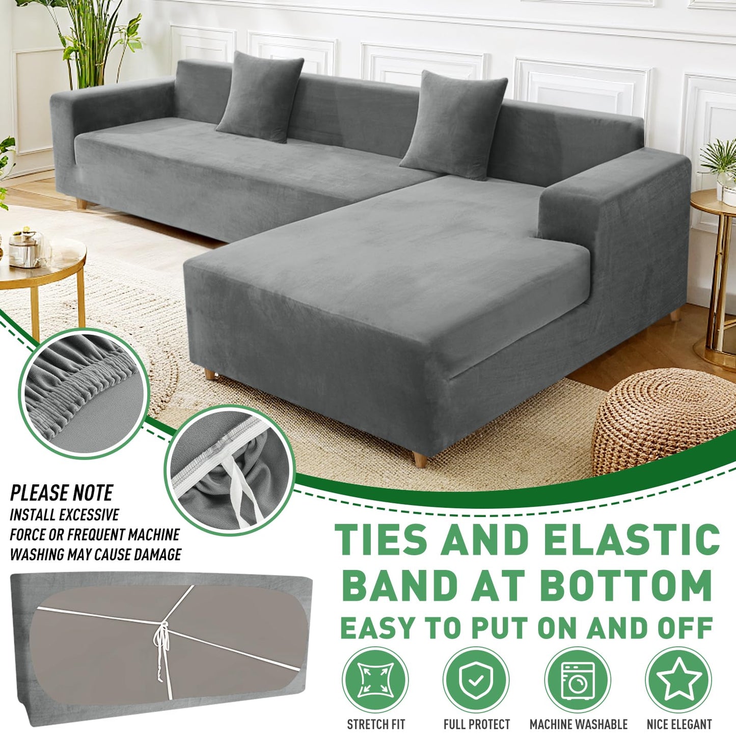 ZNSAYOTX 2026 Soft Velvet Sectional Couch Covers, Luxury Plush Slipcovers with Elastic Bottom for L Shape Sectional Sofa, 2 Pcs Pet Friendly Protector (3 Seat Couch + 2 Seat Chaise, Grey)