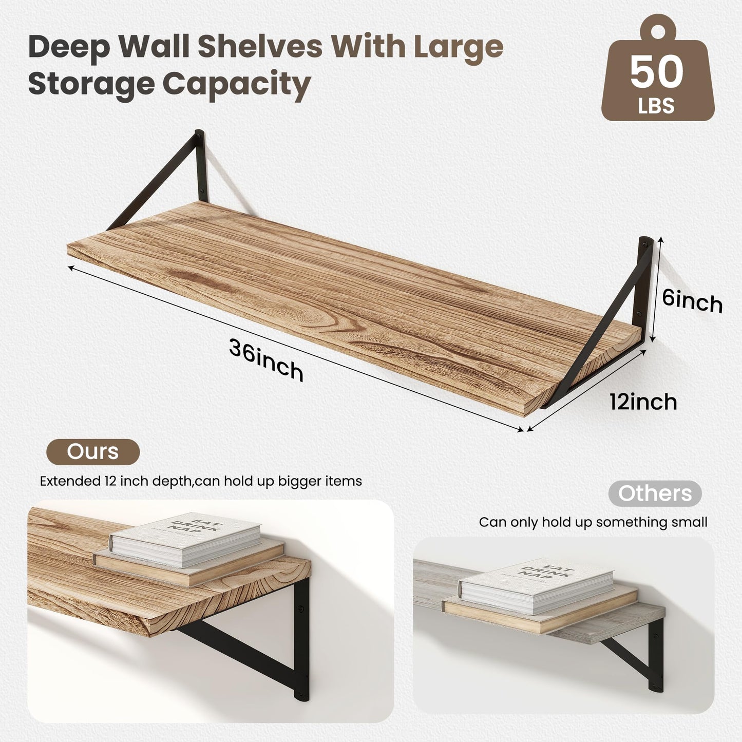Marsmiles Deep Floating Shelves | 36 Inch Light Wood Wall Shelves Set of 2 | 12 Inch Deep Floating Shelves for Wall | 36''W x 12''D Rustic Light Wooden Shelves for Bathroom Living Room Bedroom Kitchen