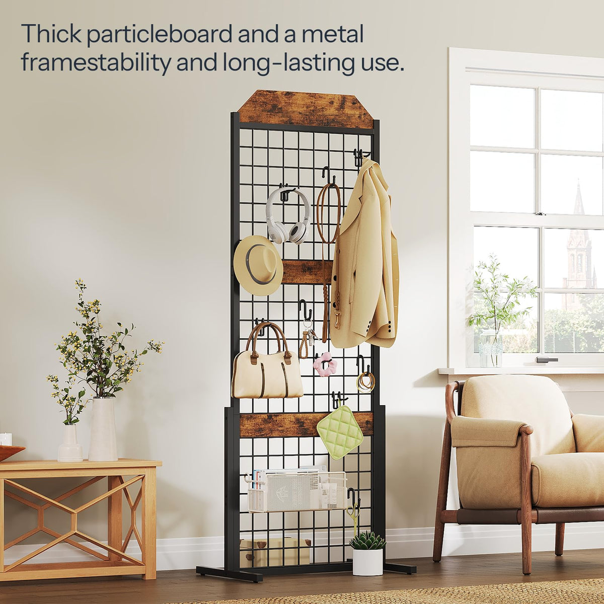 HOOBRO Gridwall Panel units 5.6' x 1.7' Ft Grid Display Rack, Gridwall Panel Display Stands with 5 Garment Hooks & 5 S-Hooks, Wire Grid Display Rack, for Retail Show, Rustic Brown and Black BF45DC01