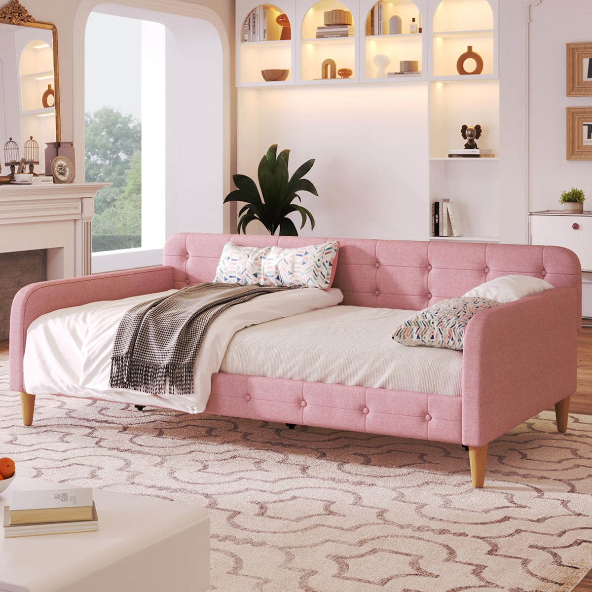 Ball & Cast Twin Size Daybed,Upholstered Day Bed Frame with 4 Wood Legs,Button Tufted Sofa Bed for Living Room,Apartment,No Box Spring Needed,Pink
