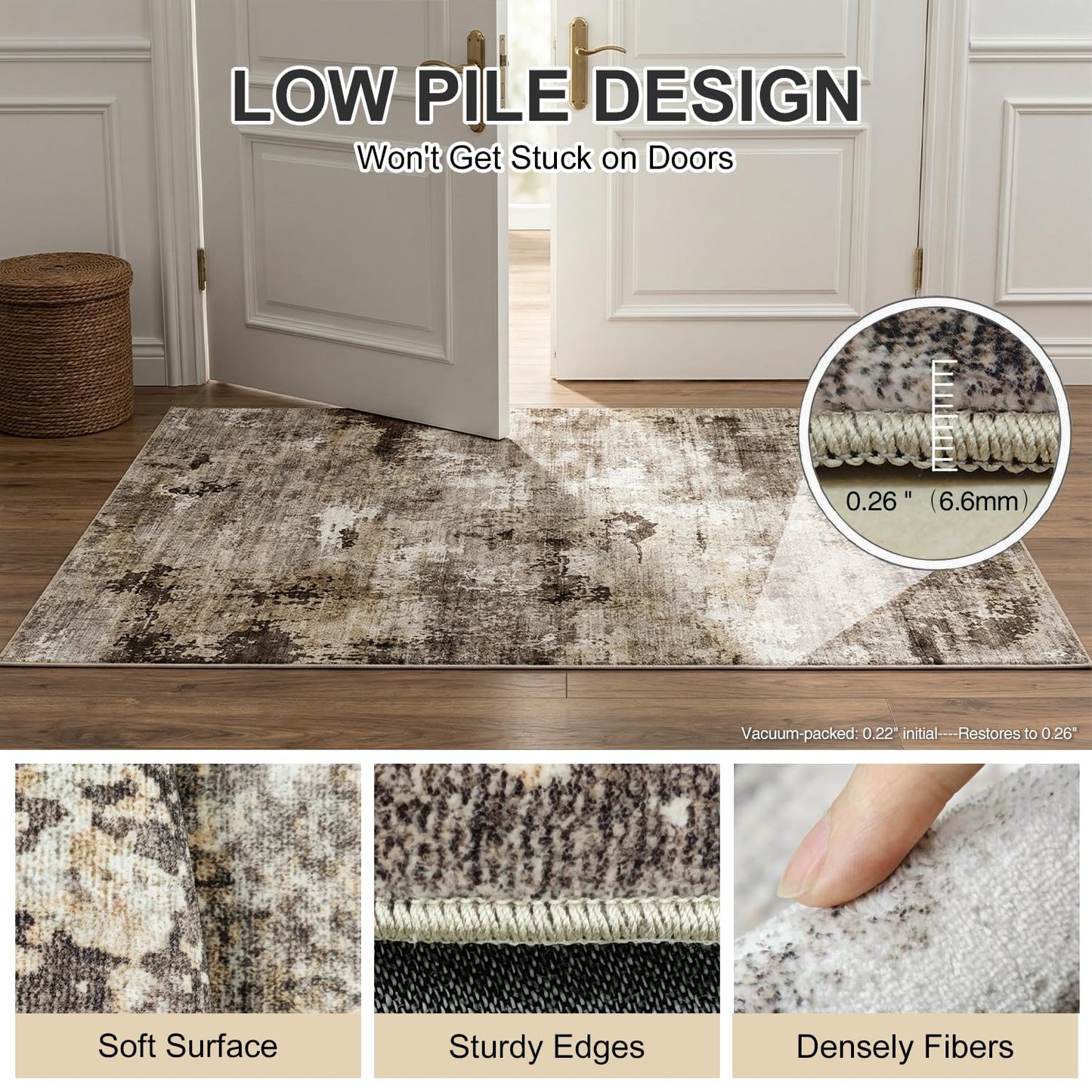 Cnythlis 5'x7' Low Pile Area Rug for Home Office, Washable Abstract Carpet Robot Vacuum Compatible 0.26 Inch Non Slip Under Desk Dining Room Mat, Brown