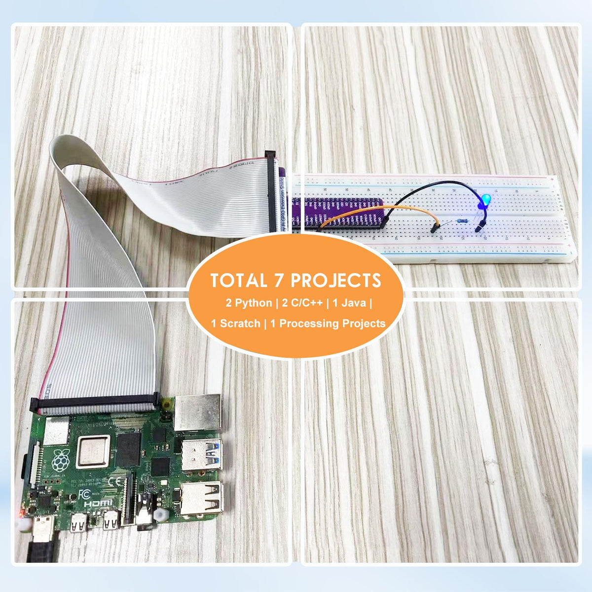 RPi GPIO Breakout Expansion Kit for Raspberry Pi 4B 3B+ 3B 2B B+ with 830 Tie Points Solderless Breadboard, 40pin GPIO Flat Ribbon Cable, 65pcs Jumper Wire (Without RPi Board)