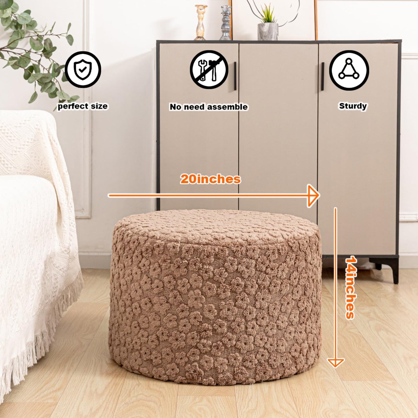 Round Pouf Ottoman 20 x 20 x 14 Inches Boho Poof Home Decor Floor Pouffe Ottoman Foot Rest for Couch Sofa Bean Bag Chairs Living Room Bedroom (Coffee)