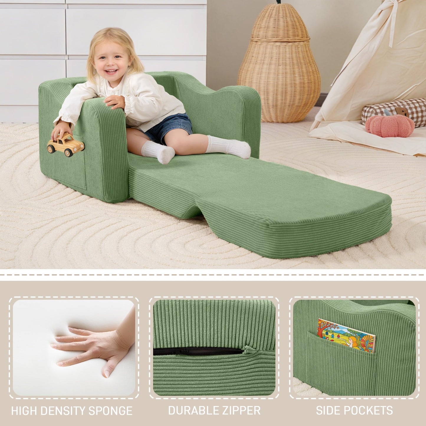 aodisman 2-in-1 Kids Chair and Couch, Thick Cozy Corduroy Kids Sofa, Convertible Foam Seating for Reading, Playing, Removable Washable Cover,Green
