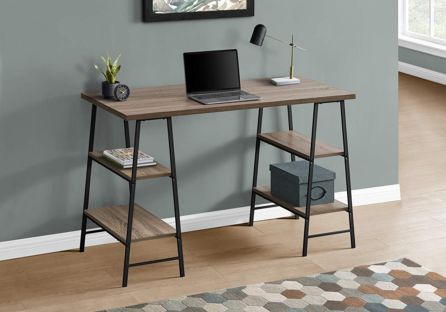 Monarch Specialties I 7523 Computer Desk, Home Office, Laptop, Storage Shelves, 48" L, Work, Metal, Laminate, Brown, Black, Contemporary, Modern