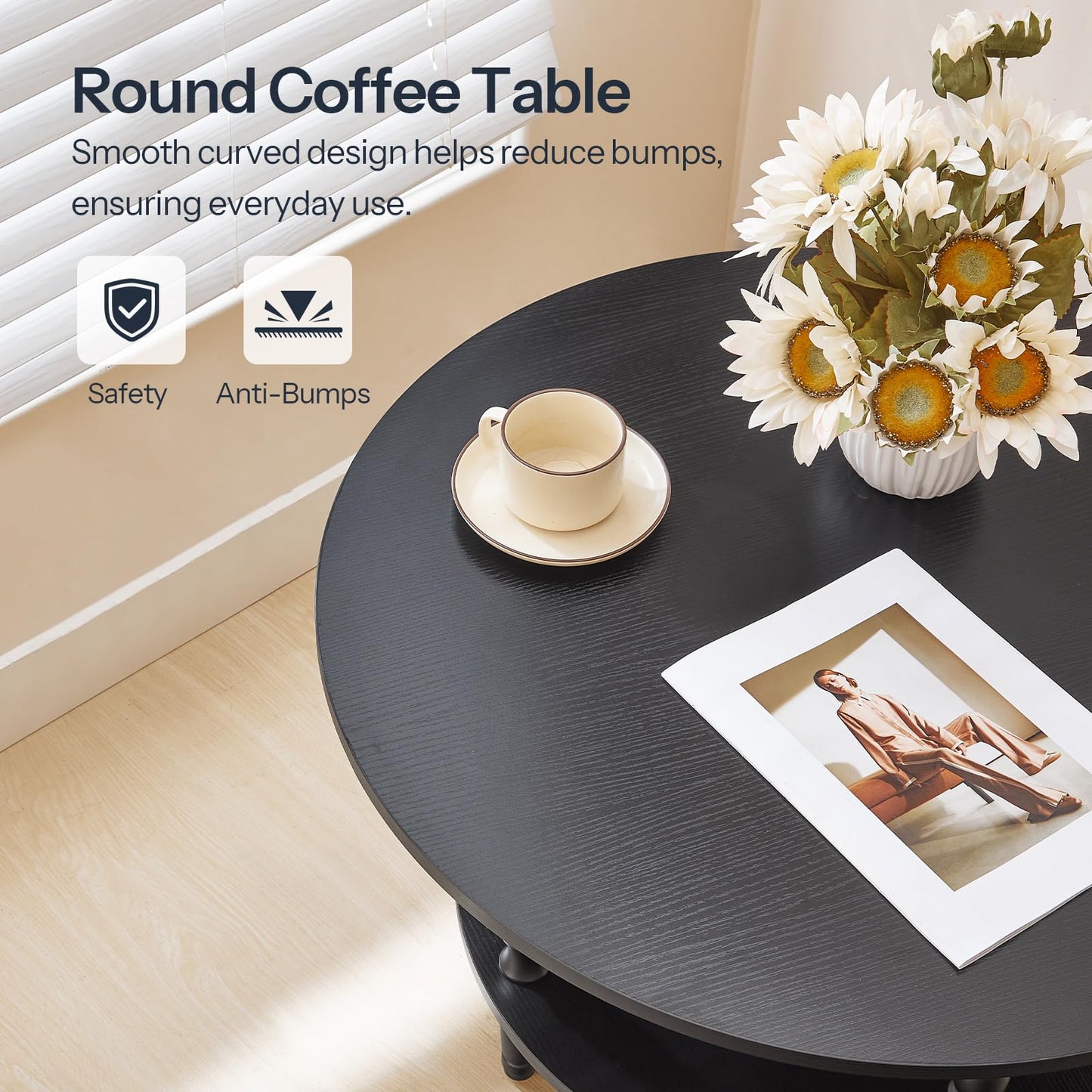 HOOBRO Coffee Table, 2-Tier Round Coffee Table, Mid-Century Modern Coffee Table for Living Room, Center Table with 2-Tier Open Storage Shelf, Home Office, Black BK75KF01