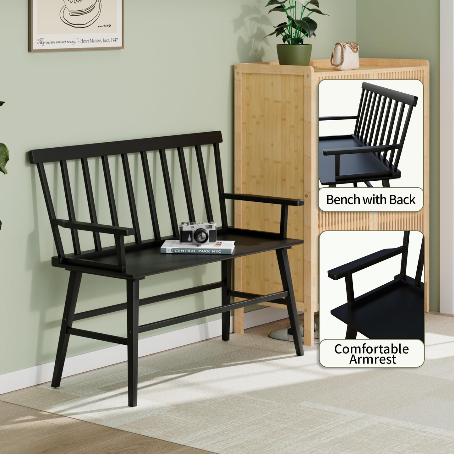 Wisuce Essentials Bamboo Dining Bench, Entryway Bench with Spindle Back Farmhouse Wood Windsor for Foyer Balcony Living Room (Black)