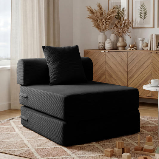 31.5'' Convertible Compressed Corduroy Folding Cloud Sofa Bed, Modern Boneless Pull Out Sleeper Sofa Couch in a Box, 3 in 1 Portable Lazy Floor Lounge Chair, No Assembly Needed, Black, Pillow, Single