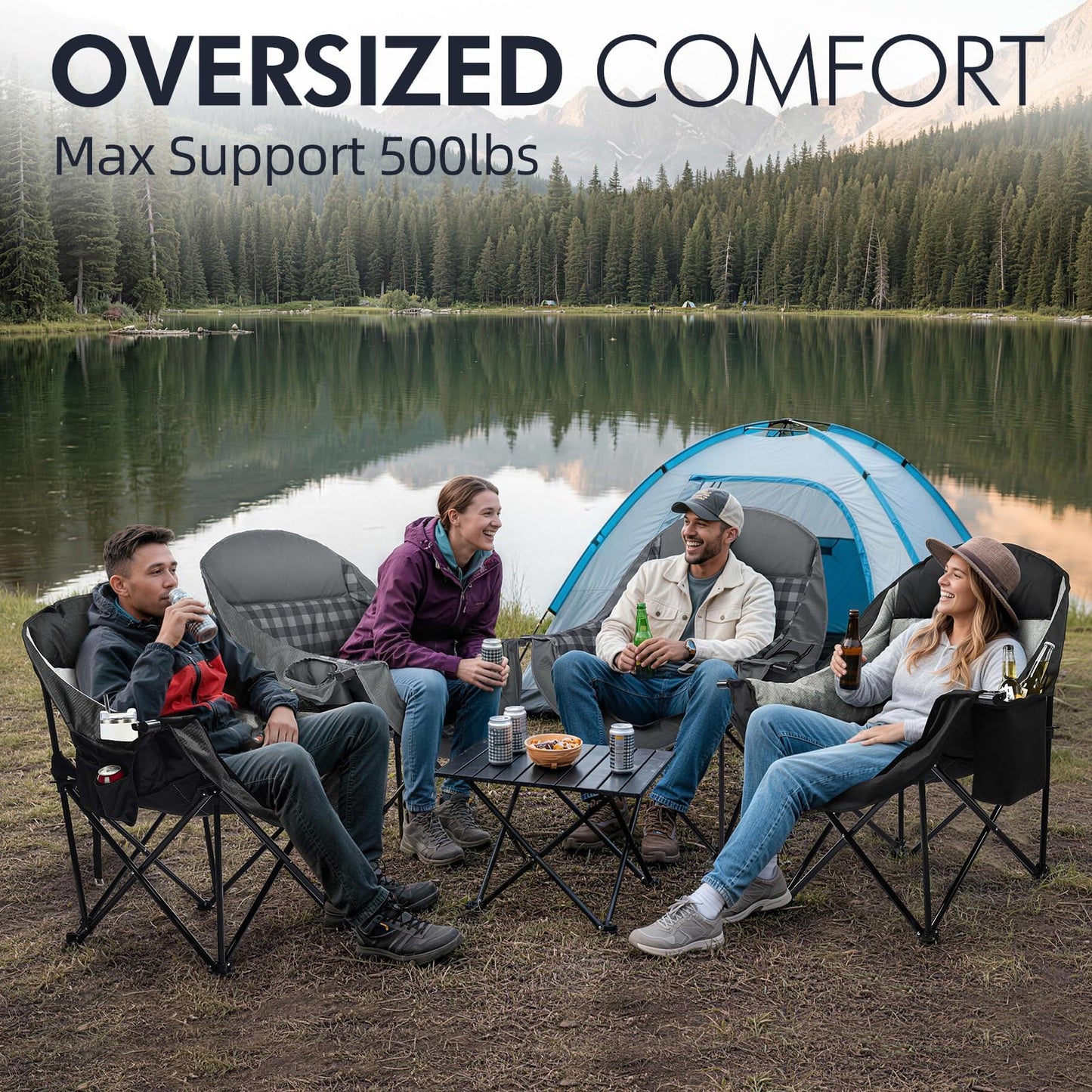 Oversized Camping Chair for Adults - Heavy Duty Outdoor Padded Large Lawn Camp Chair with Cup Holder Cooler Pockets for Sports Beach Fishing Garden Portable Supports 500lbs, Black/Grey 2 Pack