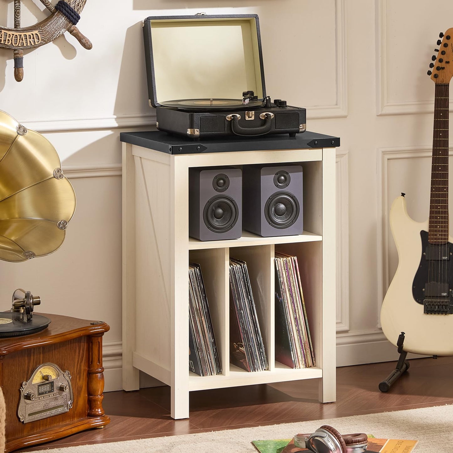 Joaxswe Record Player Stand with Vinyl Record Storage,White Record Player Table Holds up to 160 Albums,Large Wood Turntable Stand Cabinet Dispaly Shelf for Living Room,Bedroom,Office