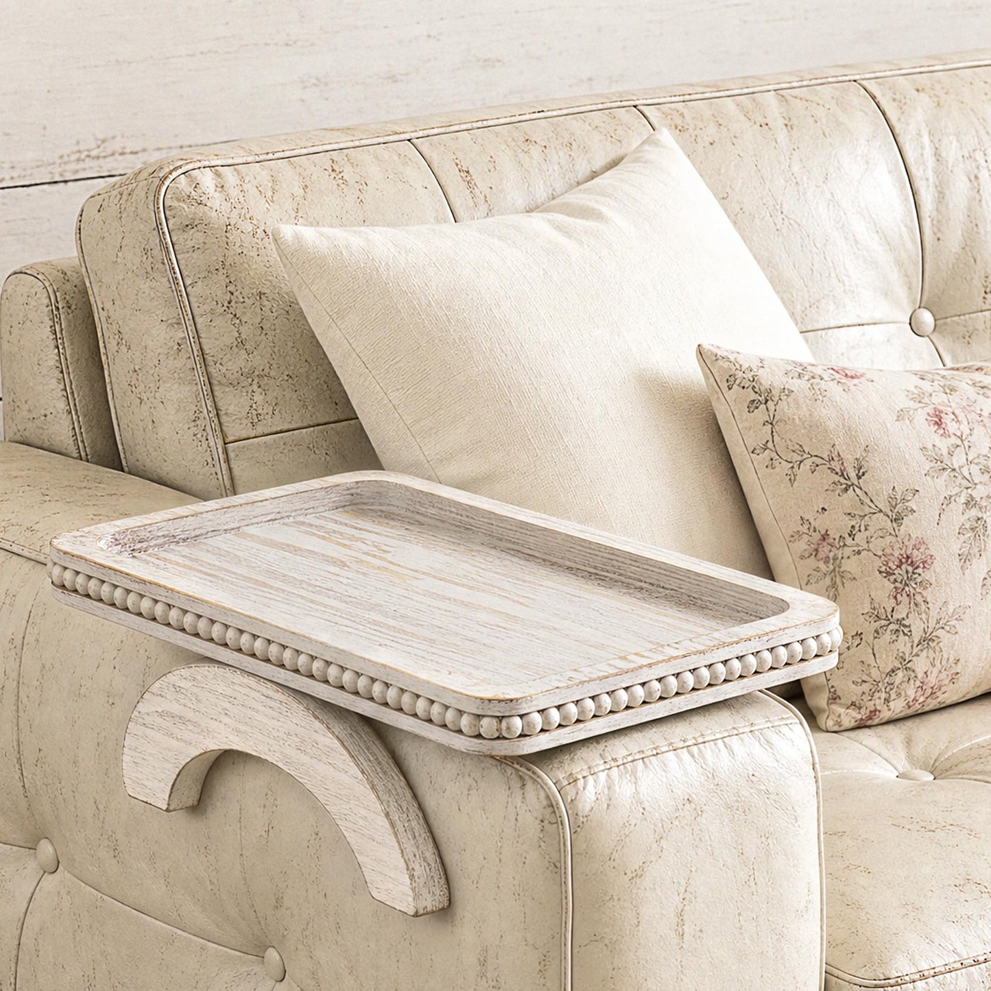 EOSAHR Pine Wood Couch Tray with Beaded Edge for Home Decor - Foldable Sofa Arm Tray as Couch Table - Decorative Trays Ideal for Coffee & Remote Control (Whitewash,13''×9''×1'')
