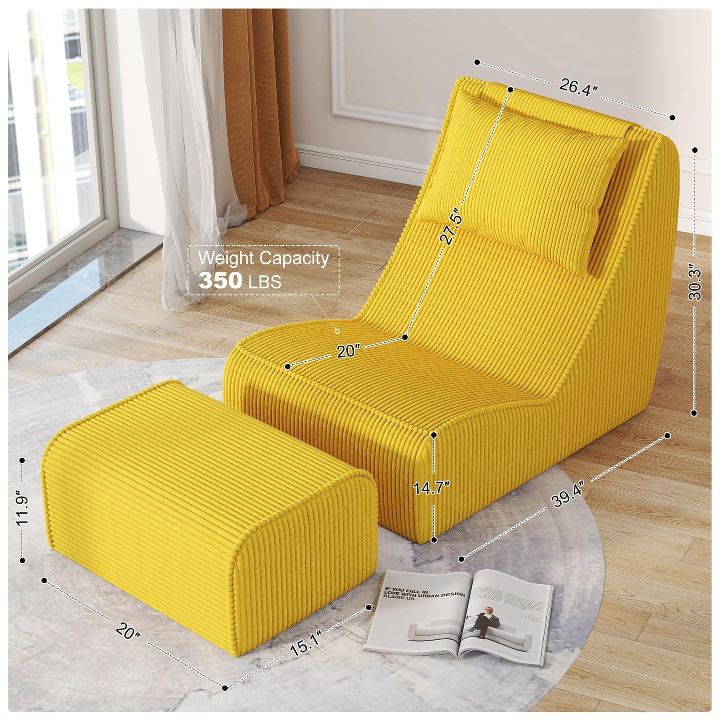 Giant Bean Bag Chair for Adults,Corduroy Chaise Lounge with Unrivaled Back Support, Detachable Neck Pillow, Comfortable Ottoman & Washable Cover for Living Room, Bedroom, Garden (Corn Yellow)