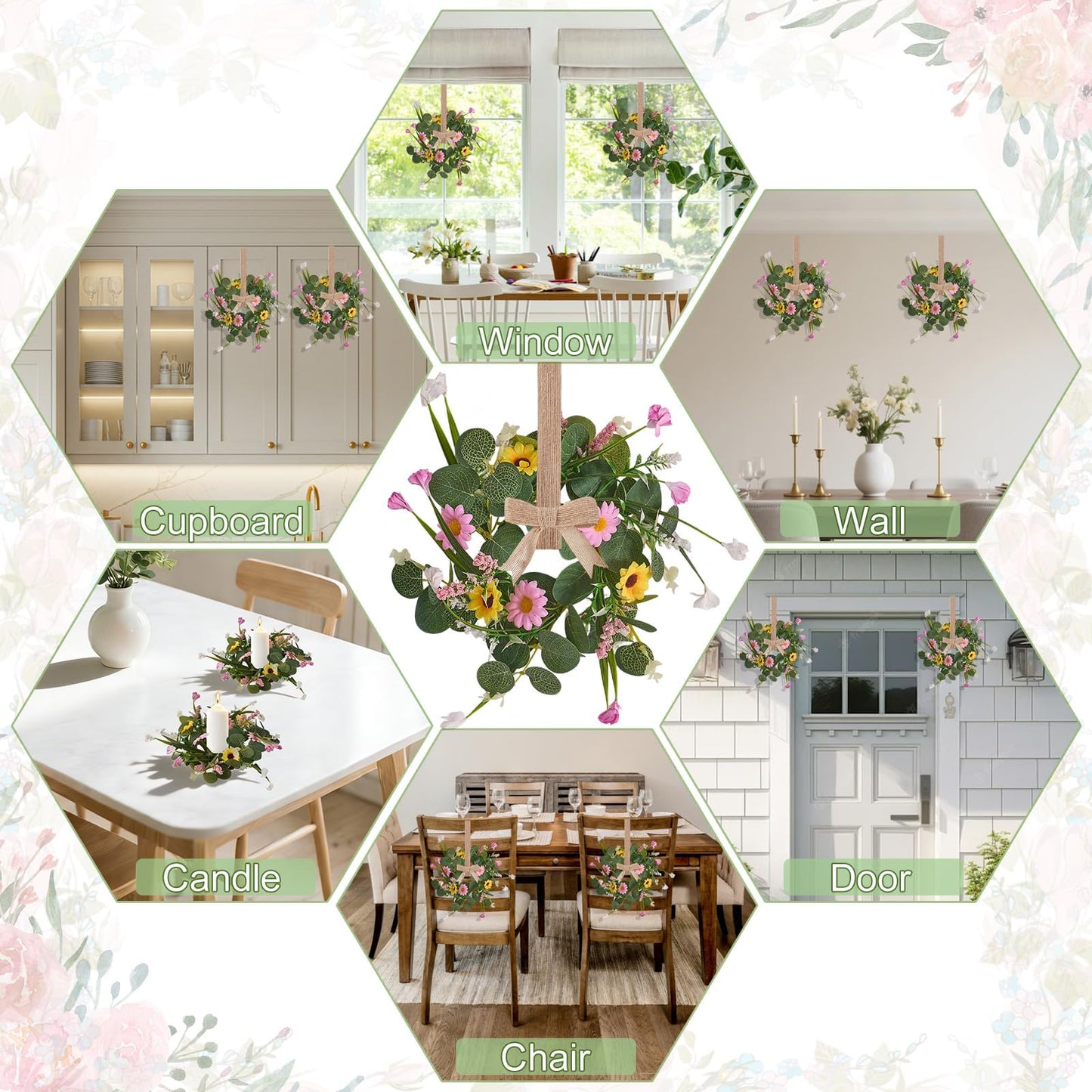 Spring Summer Wreath 6Pcs, 11.8 Inch Summer Wreath with Ribbon, Artificial Daisy Eucalyptus Leaves Grass Wreath, Hanging/Tabletop/Candle Ring Decor for Home Front Door, Porch, Wall, Window, Cabinets