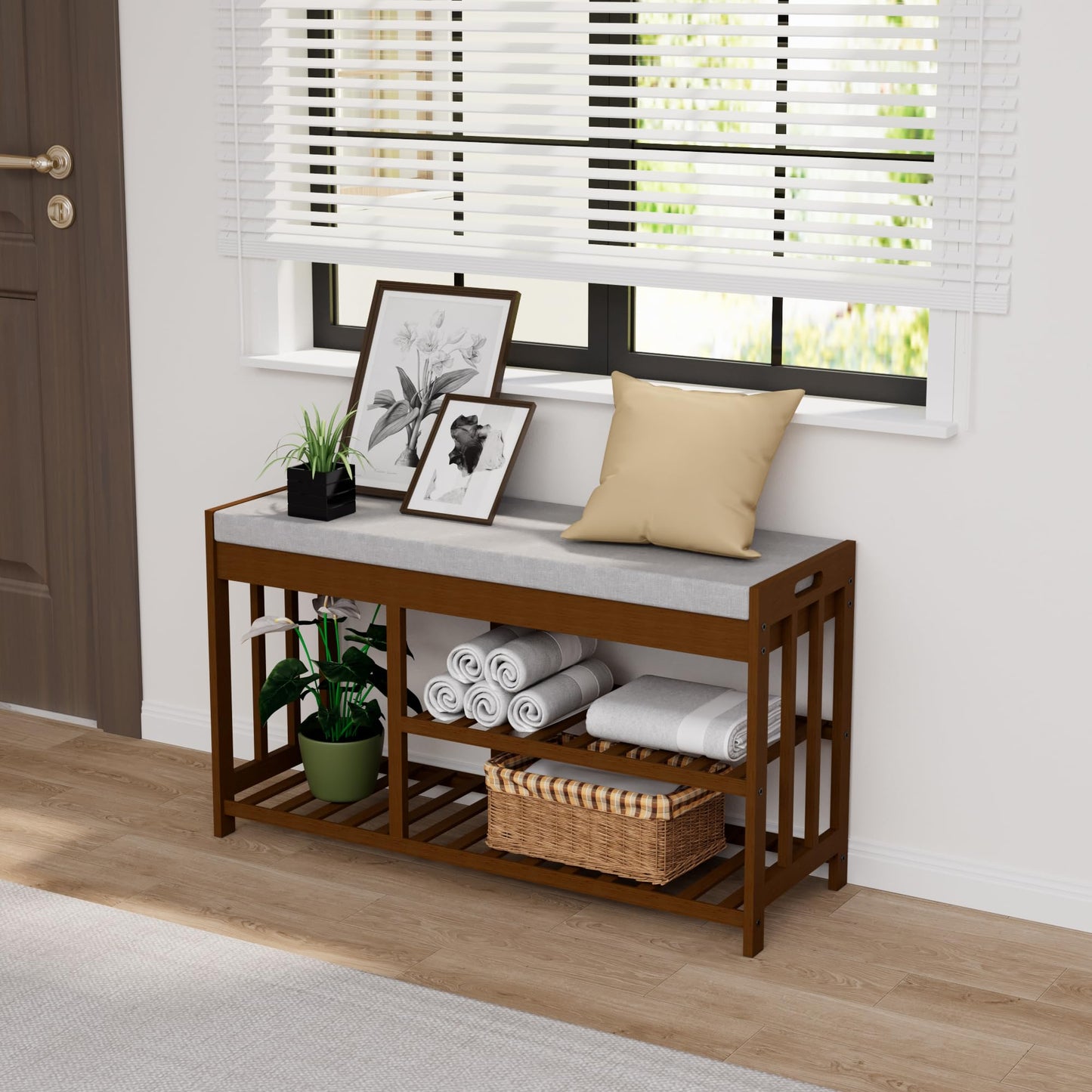 APRTAT 3-Tier Bamboo Shoe Rack Bench, Shoe Storage Organizer Bench, Entryway Benchs, Shoes Rack for Front Door Entrance, Entryway Bathroom Bedroom (Brown, Large)