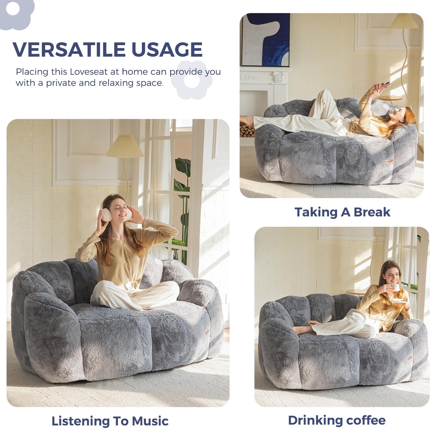 MAXYOYO Bean Bag Chair for Adults, Loveseat Floral Shaped Bean Bag Sofa, Ultra Soft Love Seat Mini Sofa Couch, Faux Fur Reading Chair for Living Room Bedroom, Dark Grey