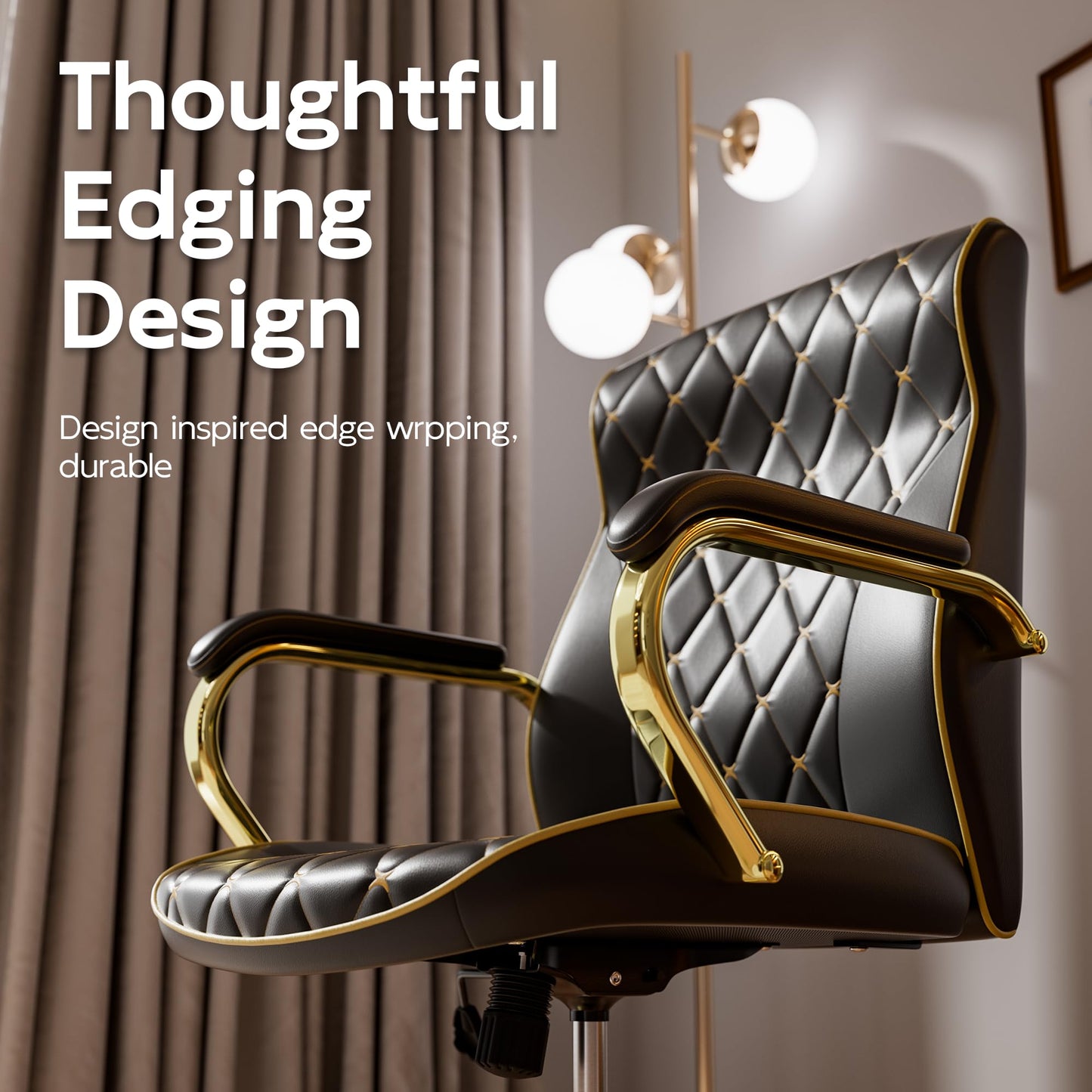 HomeZeer Black and Gold Office Chair with Soft Leather Embroidery, Mid Back Vintage Swivel Executive Desk Chair with Wheels and Padded Arms, Adjustable Height