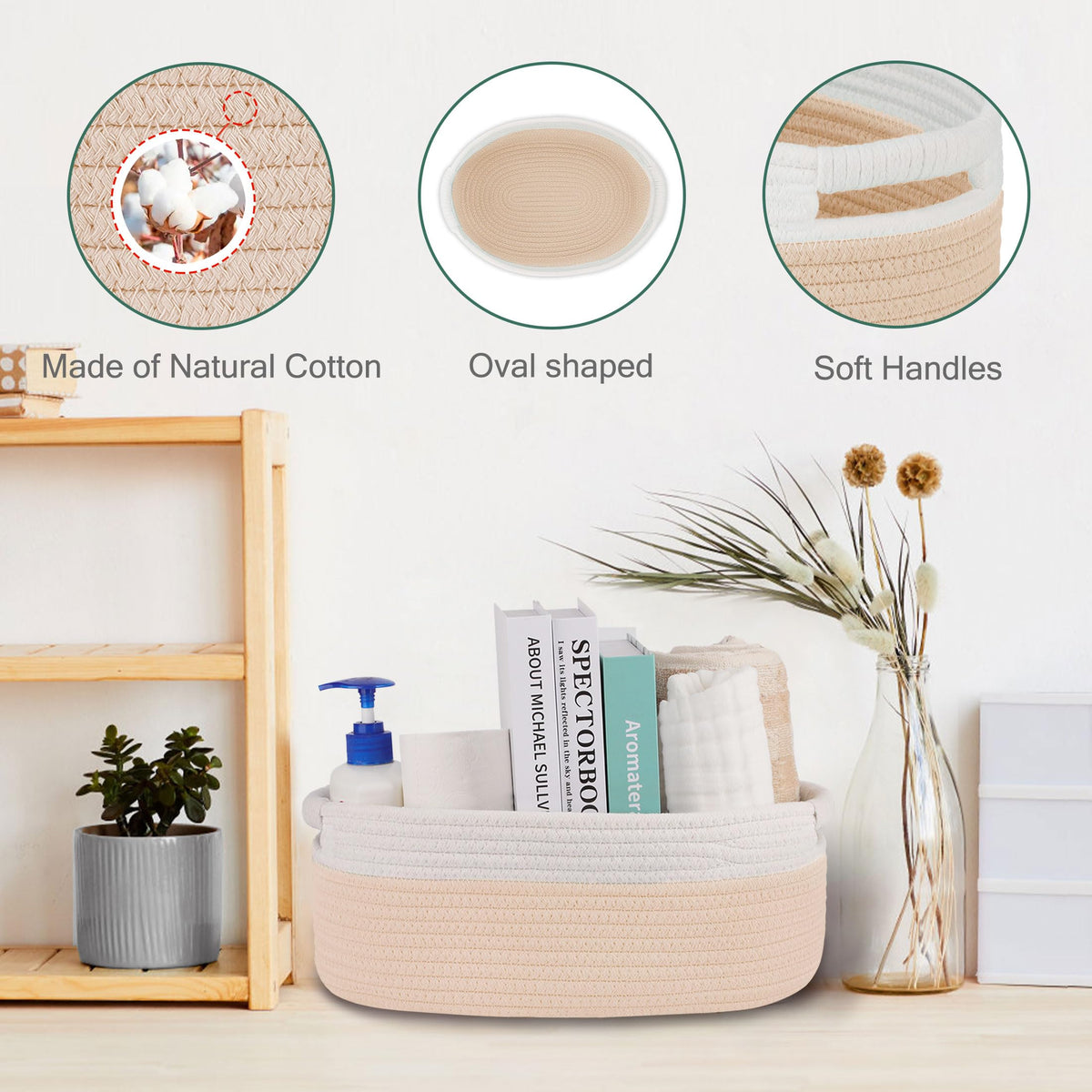 BOSROTY Small Woven Basket with Gift Bags and Ribbons, Empty Baby Gift Baskets for Kids Women Men, Shelf Storage, Small Cat Dog Pet Toy Boxes, 13”x 9”x 5.5”, Beige