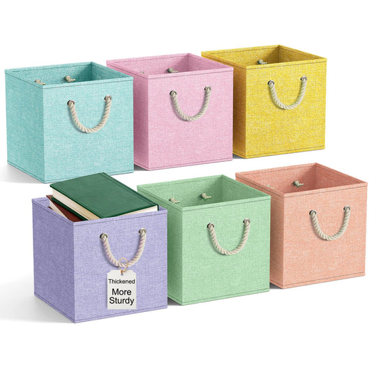 Geelin 6 Pcs Fabric Linen Thickened Storage Cube with Handle 11 Inch Heavy Duty Multi-color Collapsible Sturdy Durable Storage Bin Organizer Box Clothes Shelf Christmas Holiday Festival(Macaron)